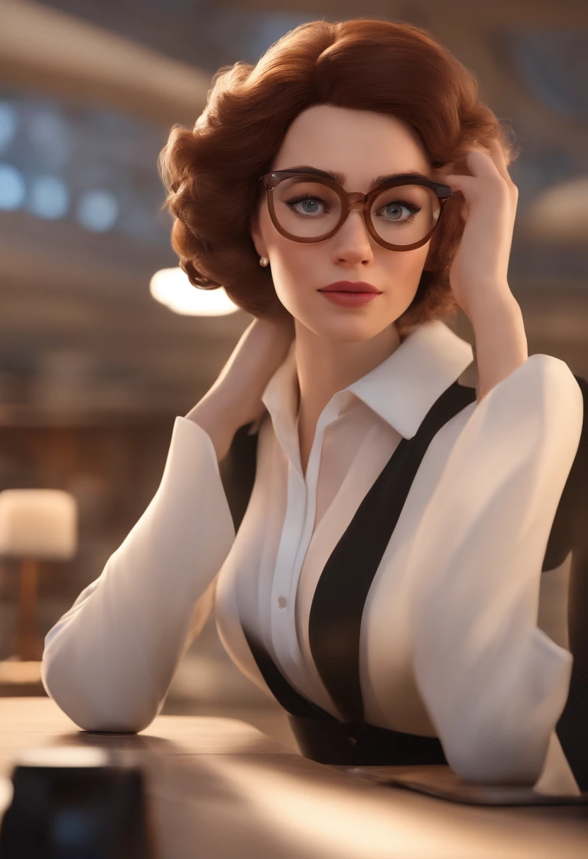 I would like a Disney pixar style animation in 3d with 4K.
The setting is at the apple store. The main character is a wonderful woman in her 30s. the skin is white, olhos castanho, cabelo bem loiro com o com formato de rosto redondo.
She wears transparent prescription glasses on her face.
The character's outfit is a white blouse with black boots, ela usa anel dourado.
I would like it in the character's hand to be holding a white iphone 15 Pro Max