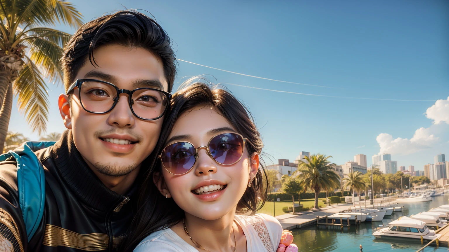 masterpiece, best quality, 3d rendering work, 3DMM style, close-up, portrait, 3D, two young Asian couple, beautiful skin, brown eyes, black hair, sunglasses, sweet smile, 80 kg overweight, gradient background. Colors Candy color, cute