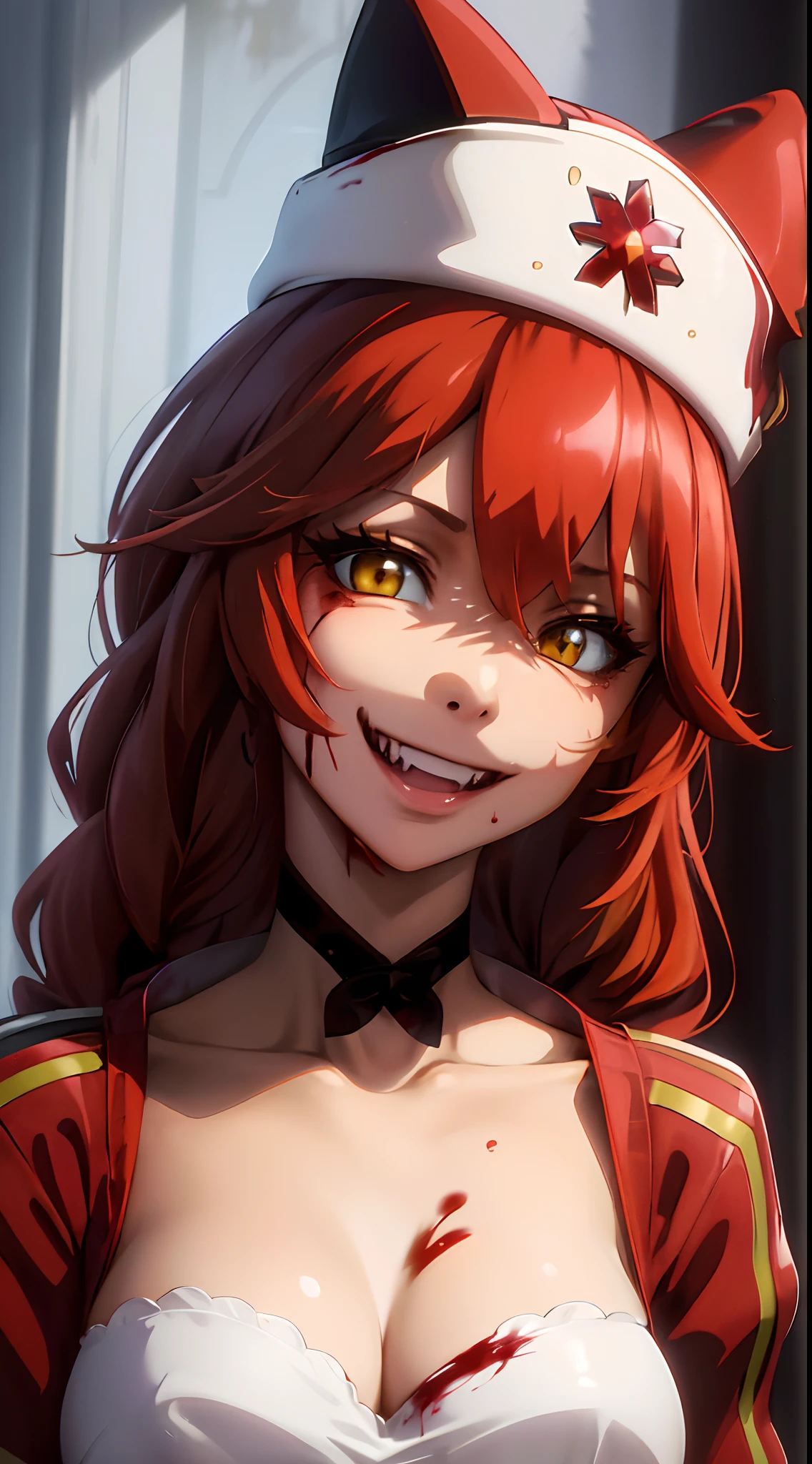 masterpiece, best quality, high quality, highres, absurdres, BETA, 1girl, solo, smile, animal hat, collarbone, portrait, black choker, upper body, ((evil, bloody, blood, sadistic, upper body, 
Medium breasts))