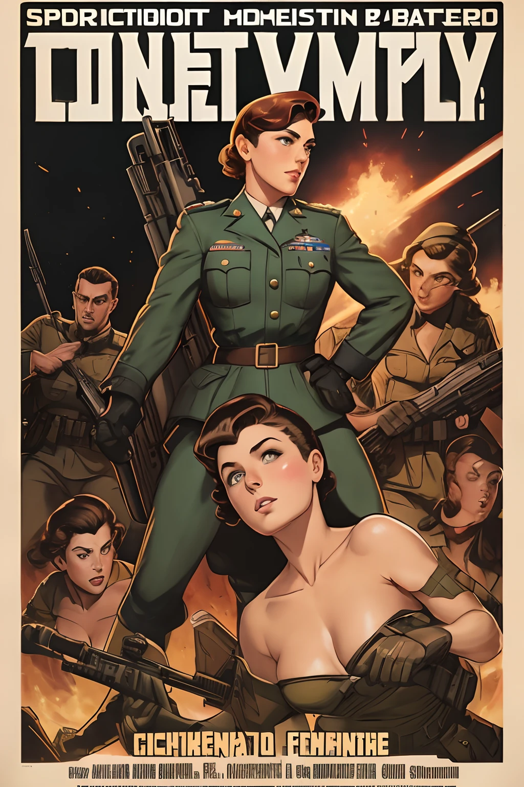 Arte Inspirada John Buscema, World War II poster, vemos uma cadete feminina segurando um morteiro, uniforme militar perfeita, short hair up to the shoulders, cor ruiva, olhos verdes claros, seios pequenos, corpo delgado, imponente no campo de batalha, Cannon fire, A scene showing seriousness and conviction nsfw