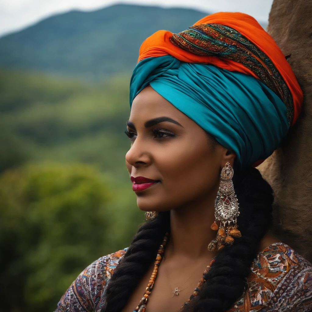 mulher negra com um turbante durado, em cima de uma montanha com olhar de vitoria