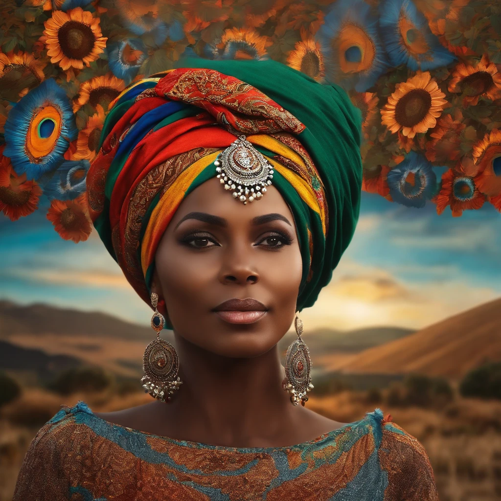 mulher negra com um turbante durado, em cima de uma montanha com olhar de vitoria