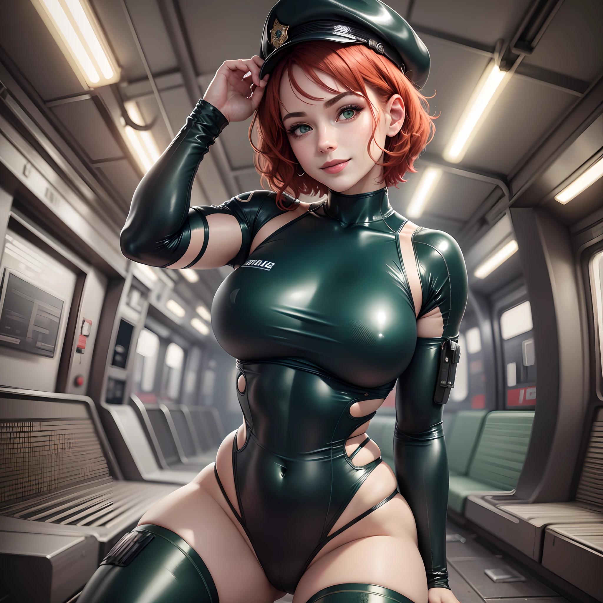 HD quality, 4k quality, masterpiece, realistic, realistic woman, a woman, beautiful woman, police woman, short red hair, very detailed face, detailed eyes, green eyes, full body, detailed body, fitness body, big and marked muscles, big breasts: 1.4, cut belly, wide hips, small waist, bare shoulders, small tight suit, police costume, background: party house, tube,  dance, squatting, looking over the chest, smiling, , looking in front of the spectator, quality in lights and shadows, cinematographic art, --auto --s2