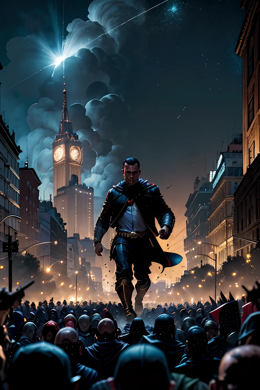 Nas ruas sombrias de Gotham, O senhor das Trevas, esta ao lado de Jesus Cristo e do Papa Francisco. Face off against a horde of bloodthirsty criminals. In the midst of all this, include many explosions, sangue nas ruas e paredes, a meteor falling from the open sky to the ground in Gotham.