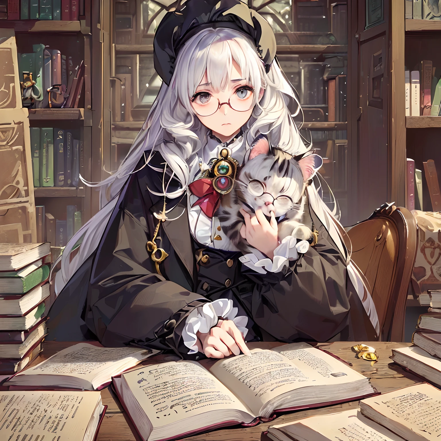 masterpiece、top-quality、High-quality images、hight resolution、8K、1lady、detaileds、Detailed eye depiction、skin gloss、Lustrous hair、 ((Favorite hair color today))((More disheveled hair、I'm wearing round glasses、real face、Good posture、Monacaware、Its name is Monaca Kashino:1.3))、 ((obedient character、Not very confident、Emotional manifestation:1.2)) ((3Kittens、Cat with a white body、I was born:1.31))((old, Narrow room、Lots of bookshelves、Pile of used books:1.4)) Monaca points to the prompt、What does that mean??