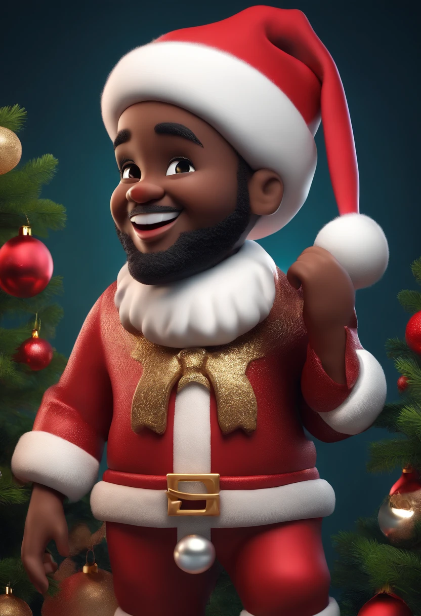 a cute black santa claus smiling, 3d style, 8k, standing, show full body