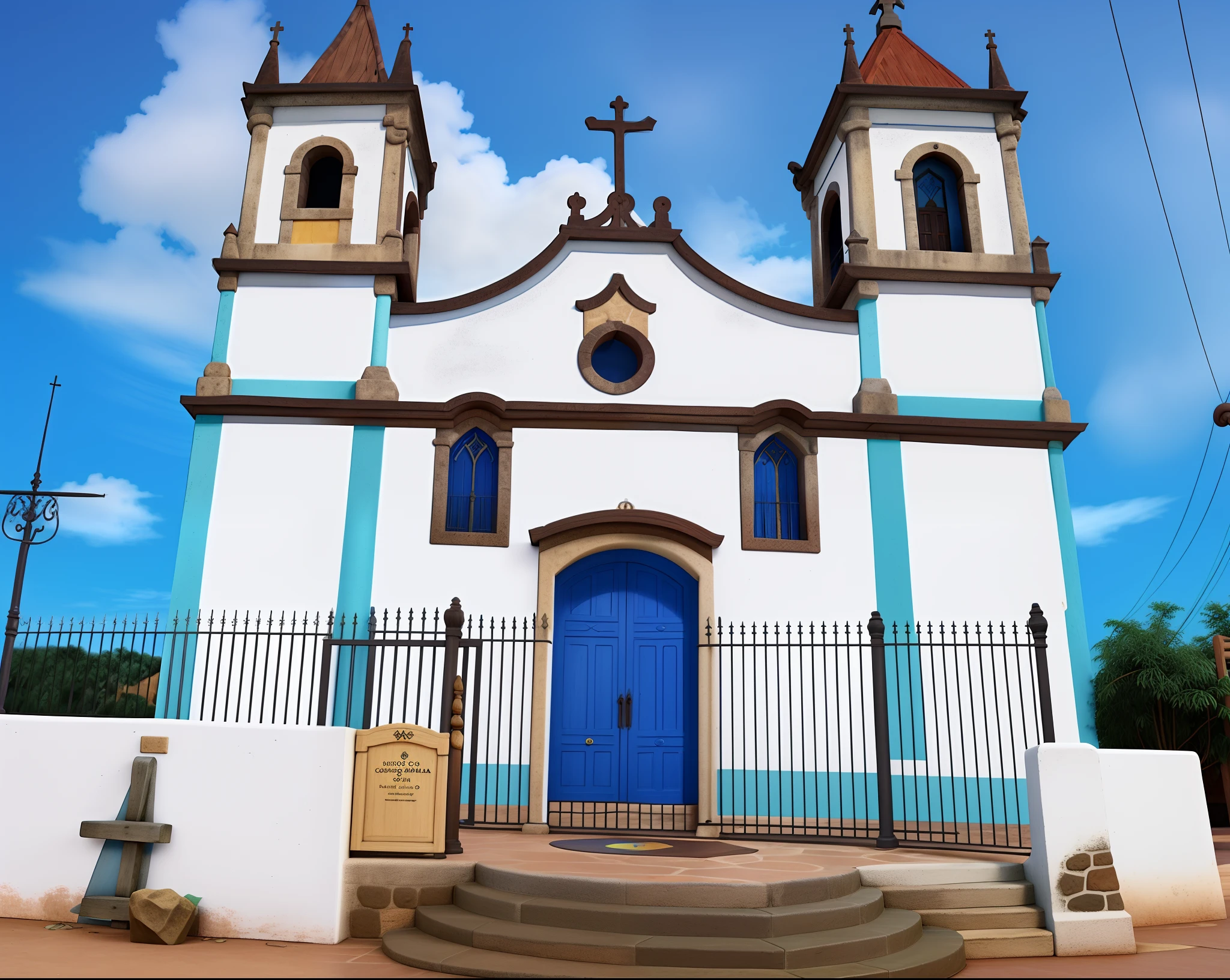 uma igreja catolica nas cores branca com detalhes azul com uma escada, no estilo Disney Pixar.