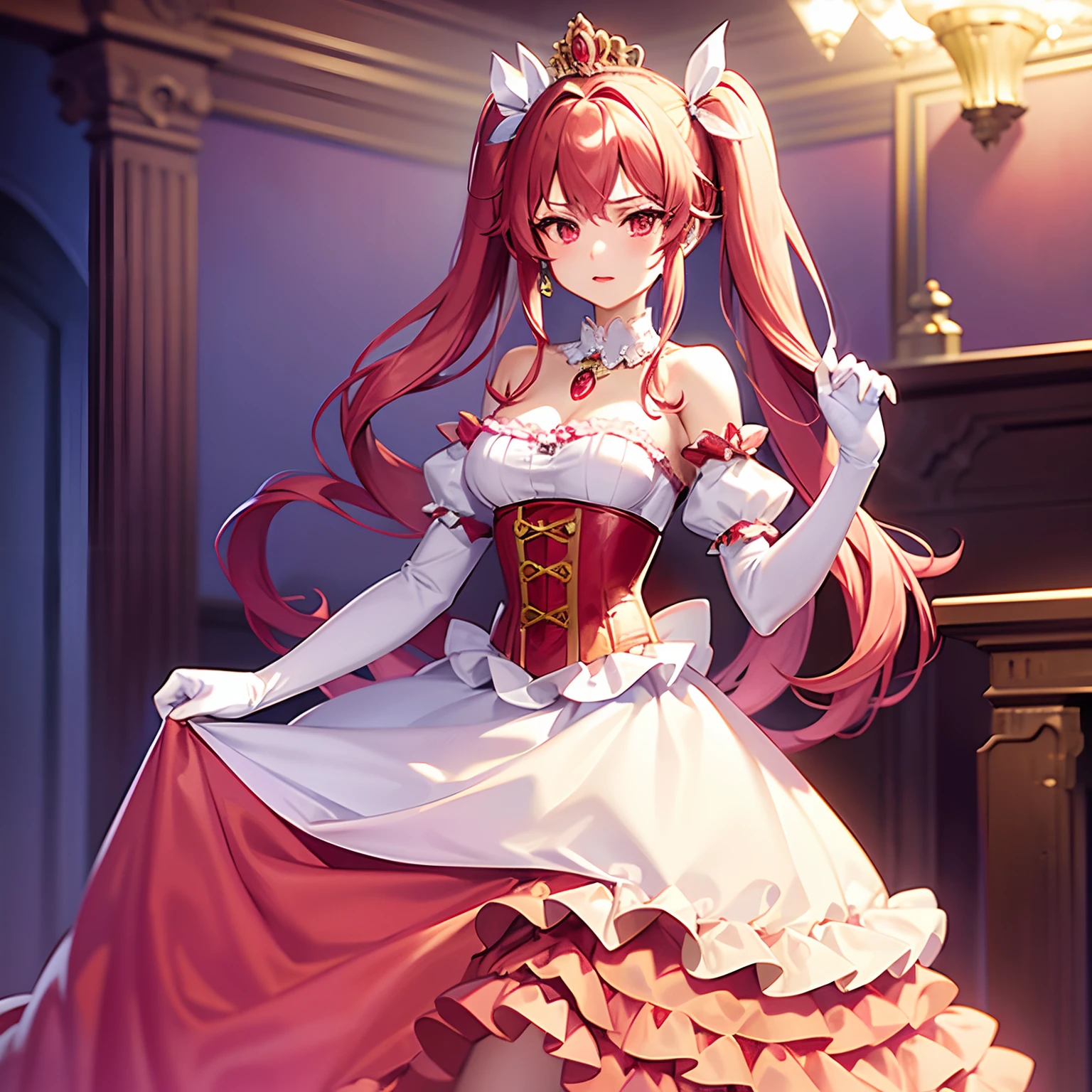 Pretty princess, drawn in anime style, long red pigtails hair, pink eyes, small breast, lipstick, steampunk, Floral red and white gown with puffy sleeves, corset, ribbons, white elbow gloves, ruby earrings and necklace, gold tiara, high heels, in castle bedroom, standing elegantly.