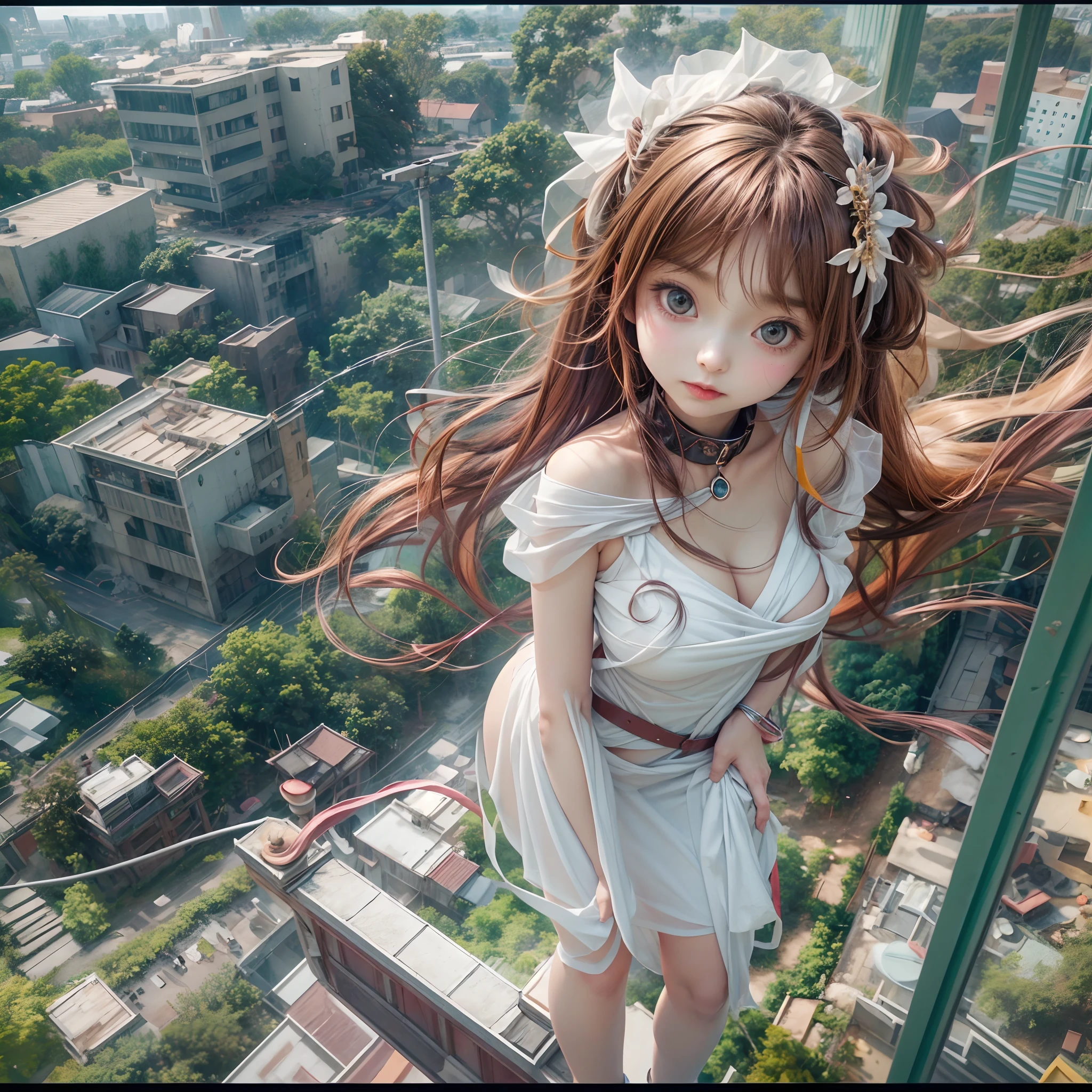 (SFW, NSFW_STILL_SHOW), Oppai-Loli、((wide-angle, Flying Magic、Floating hair、Floating in the air, Curved horizon, Overlooking a city eroded by the jungle,Above the city)), { (Mystic sight)| best quality | 8k | clear |focused } (Masterpiece:1.2, photo-realistic:1.37)、{ Soft Lighting with many Follow lights | smooth shading }、(Detailed KAWAII Face)、{(Childish)|(Gigantic Cleavage)}、{ ((facing back))| ((Full Body:1.2)) | ((Ass focus)) }、Detailed open crotch、(Detailed glistening ivory skin)、extremely detailed, { Naked bandage | Transparent Veil | Red Leather High Collar | Red Long Boots | rubber sole | Random hair color }, { correct legs | correct hand | correct fingers | feminine hands | perfect anatomy | no missing limbs | no extra limbs }, ((rubber sole)),