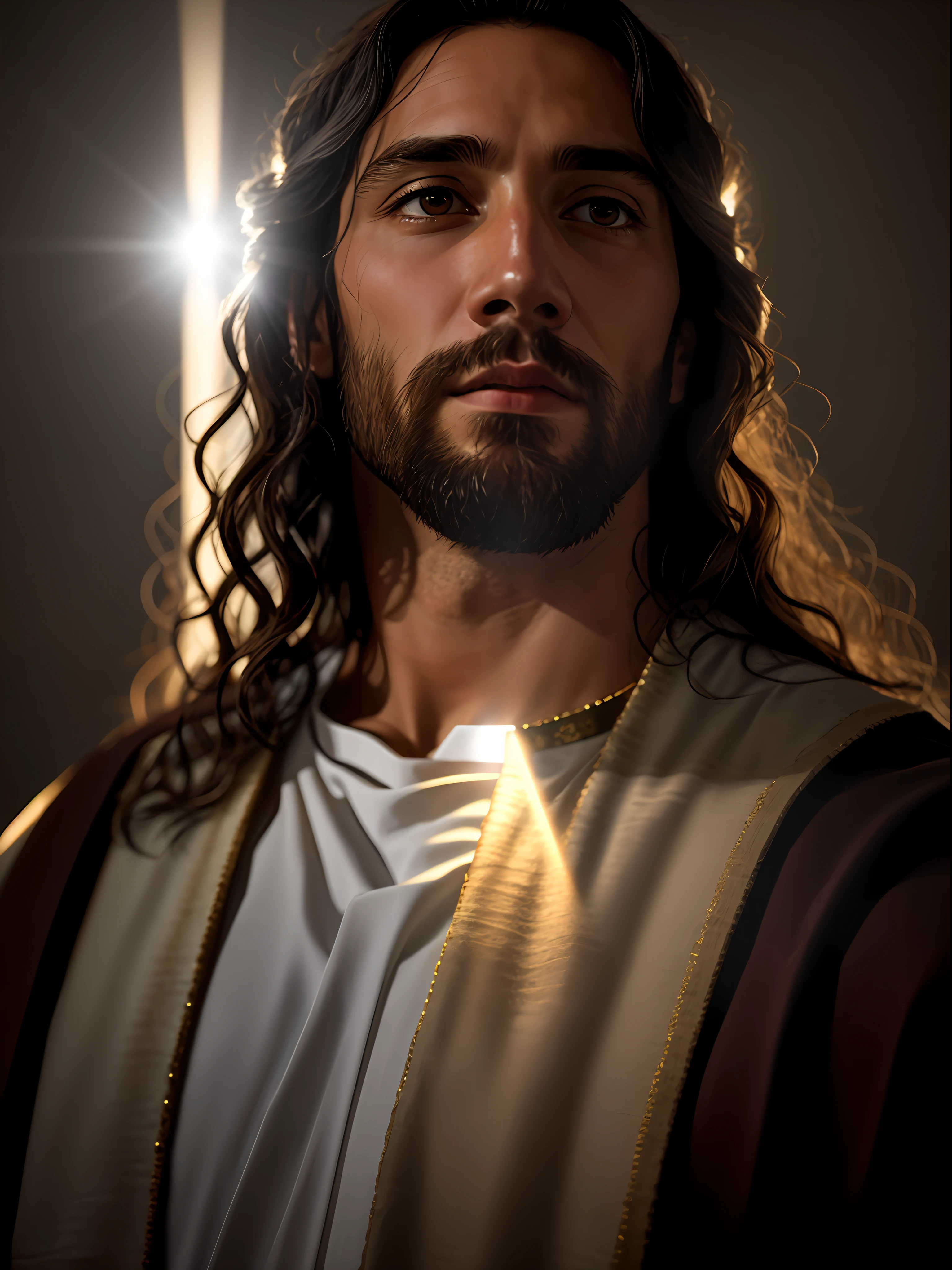 add_detail:1, realistic image of Jesus Christ, add_detail:light and distant light from heaven above the head