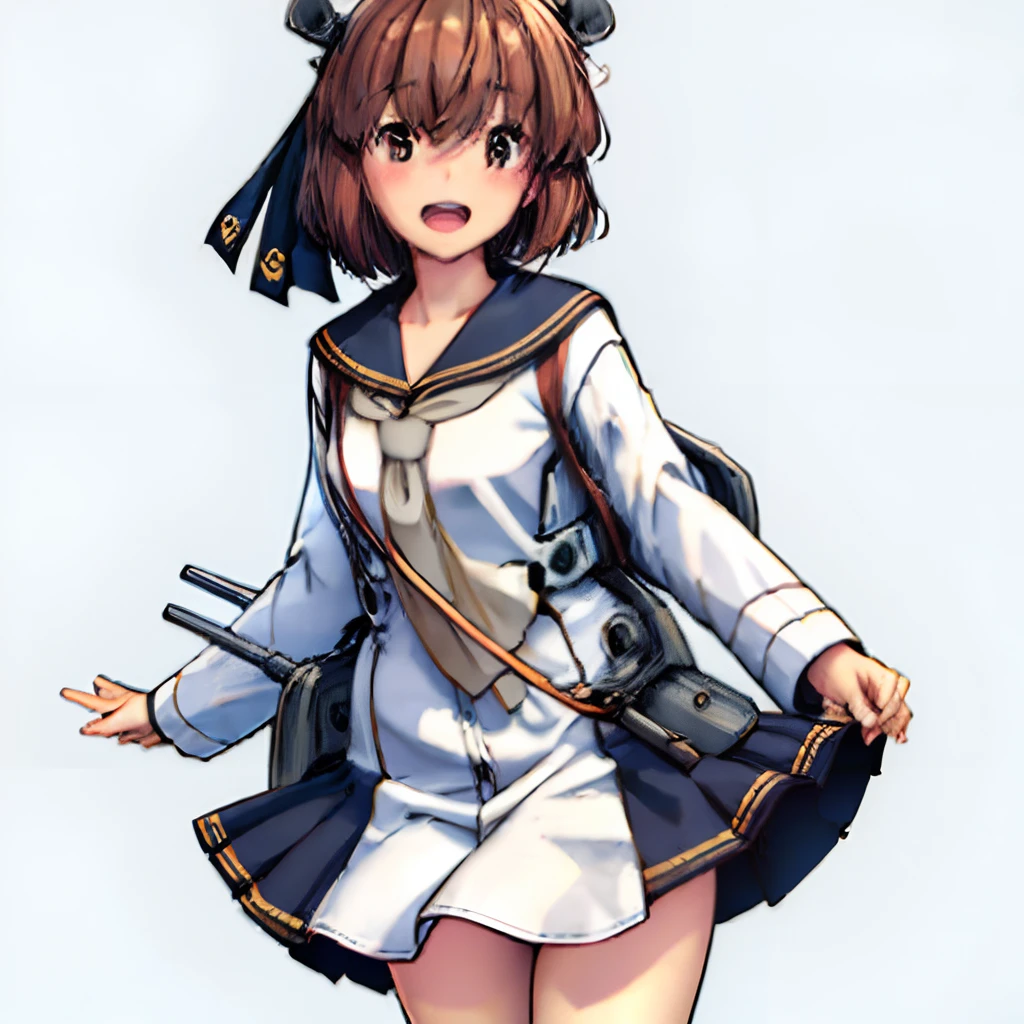 yukikaze \(kancolle\), 1girl, solo, pink flower, flower, sailor dress, white background, open mouth, dress, cropped legs, simple background, sailor collar, smile, long sleeves, neckerchief, grey neckerchief, blush, cowboy shot, white dress, black sailor collar, teeth, looking at viewer, original, intricate detail, illustration, masterpiece, extremely detailed CG unity 8k wallpaper, highlight, sharpening, dynamic,