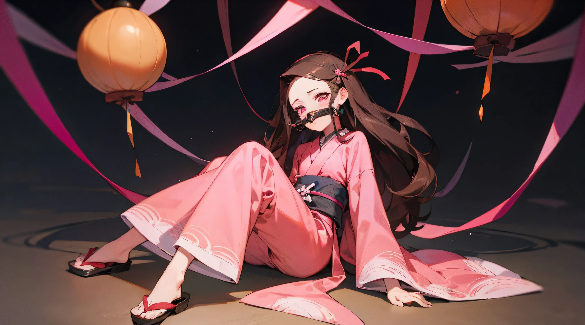 kamado nezuko, 1girl, bamboo, bit gag, brown hair, checkered sash, gag, gagged, gradient hair, hair ribbon, haori, japanese clothes, kimono, long hair, looking at viewer, multicolored hair, orange hair, pink eyes, pink kimono, pink ribbon, ribbon, solo, full body,   ((masterpiece)) , footbare very small breast