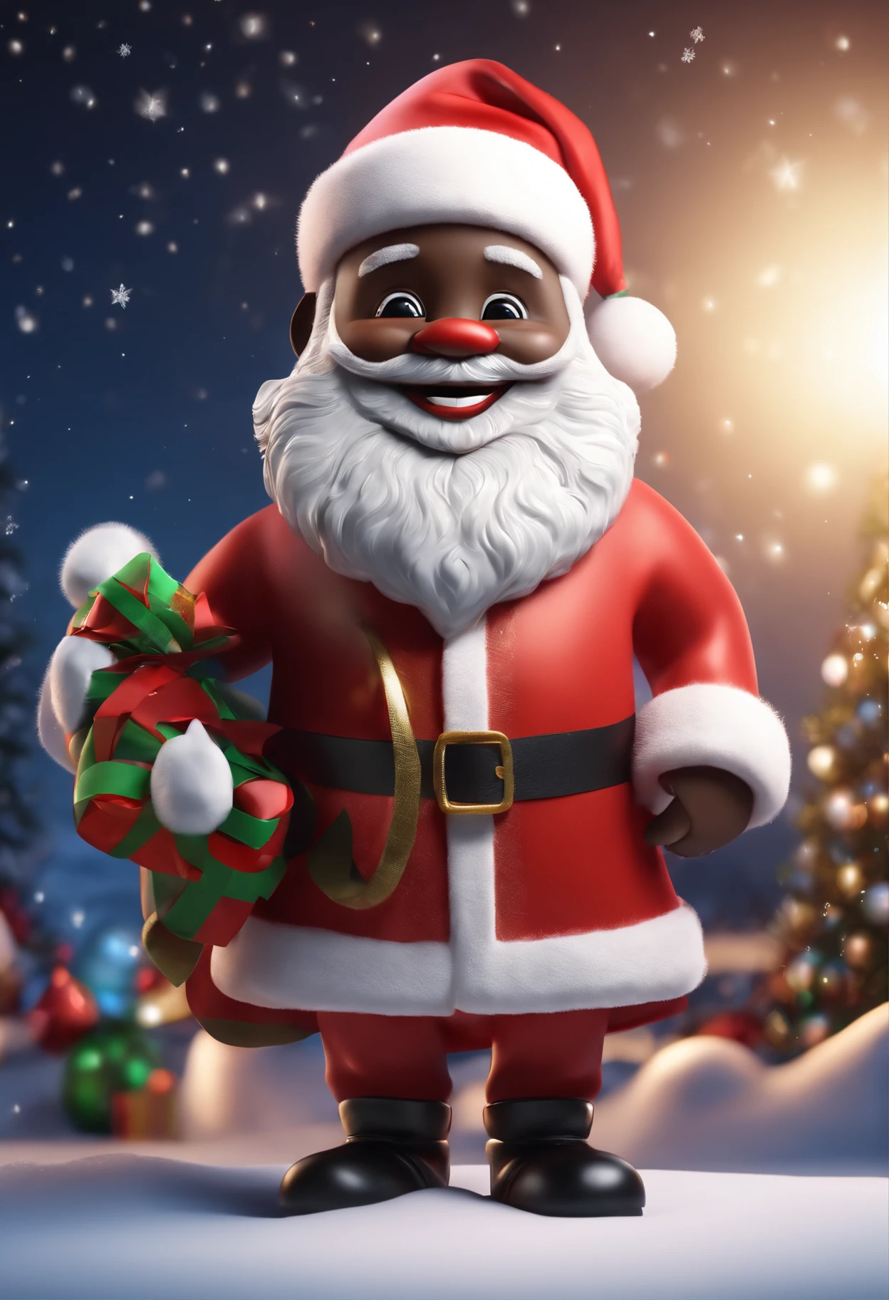 a cute black santa claus smiling, 3d style, 8k, standing, show full body