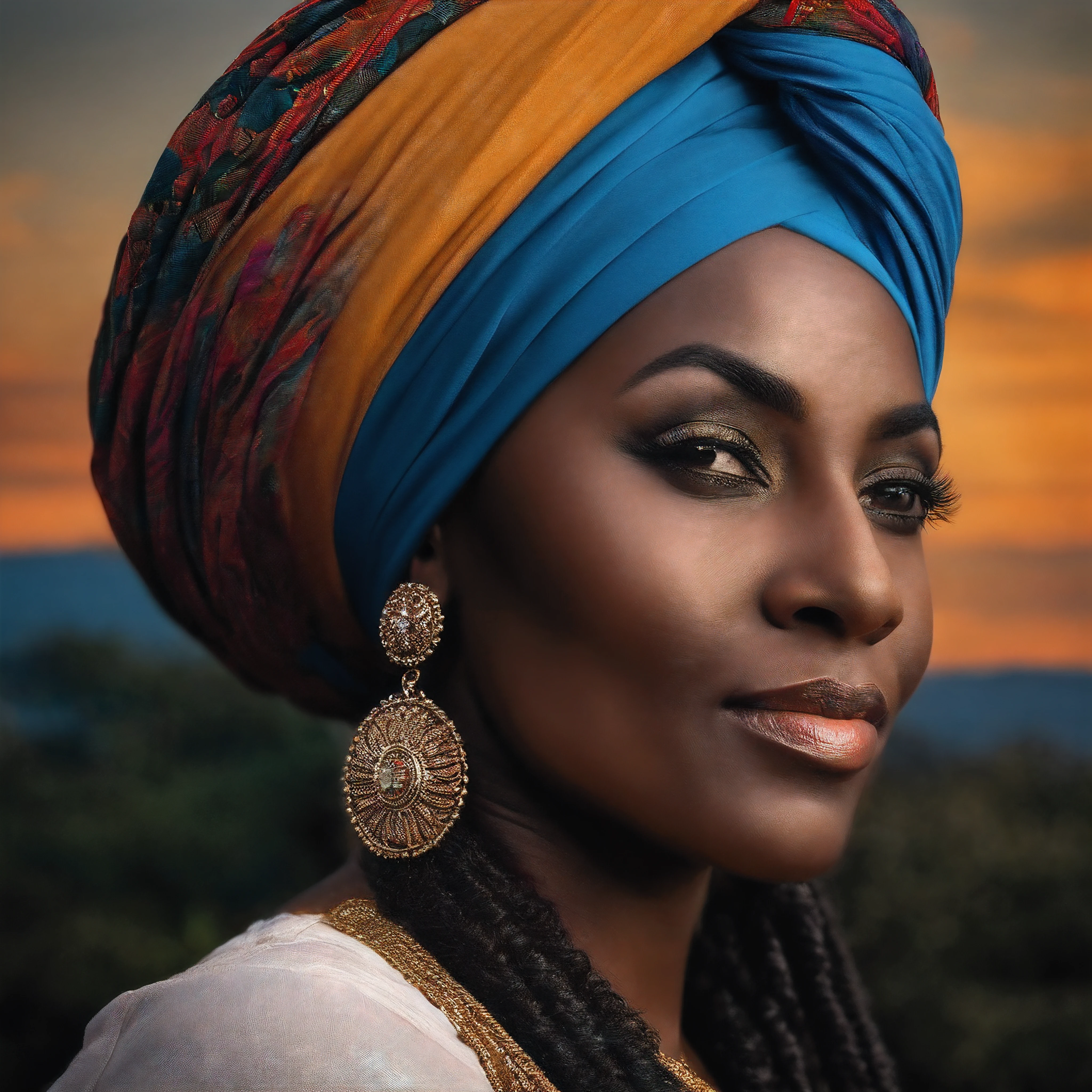 mulher negra com um turbante durado, em cima de uma montanha com olhar de vitoria