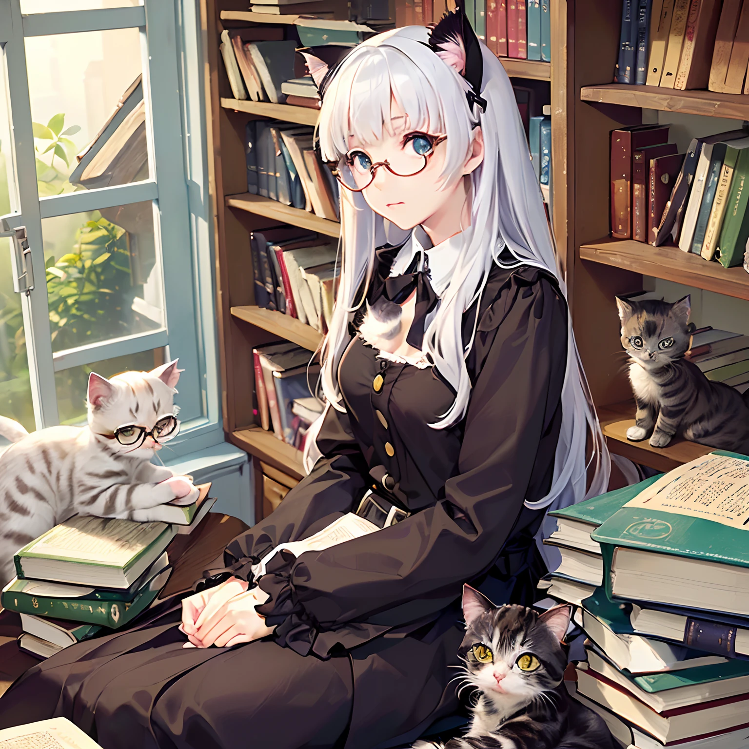 ​masterpiece、top-quality、High-quality images、hight resolution、8K、1lady、detaileds、Detailed eye depiction、skin gloss、Lustrous hair、　　　((Favorite hair color today))((More disheveled hair、I'm wearing round glasses、real  face、Good posture、Monacaware、Its name is Monaca Kashino:1.3))、　((obedient character、Not very confident、Emotional manifestation:1.2))　((３Kittens、Cat with a white body、I was born:1.31))((old, Narrow room、Lots of bookshelves、Pile of used books:1.4))　　　　　　　　　Monaca points to the prompt、What does that mean?？