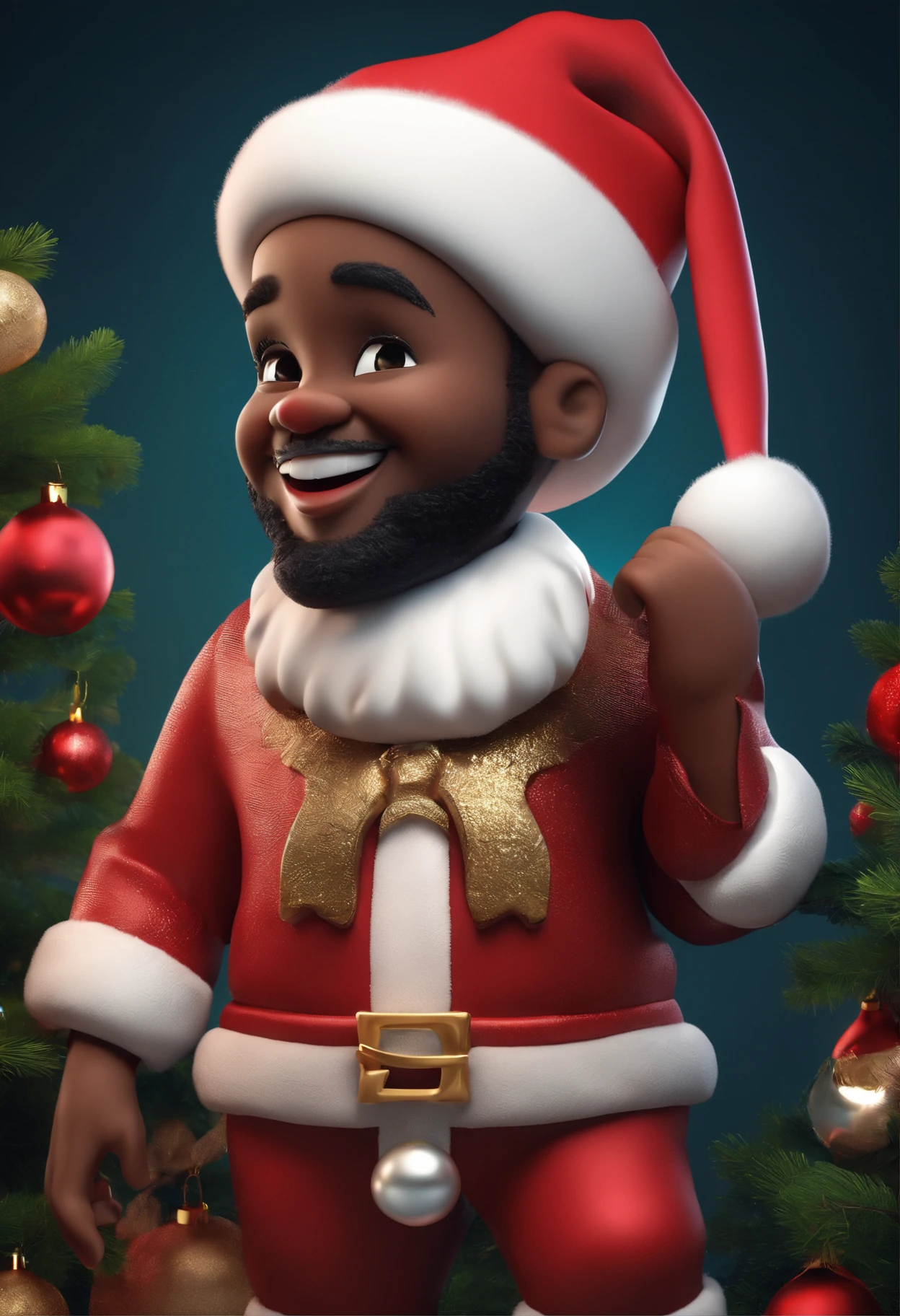 a cute black santa claus smiling, 3d style, 8k, standing, show full body