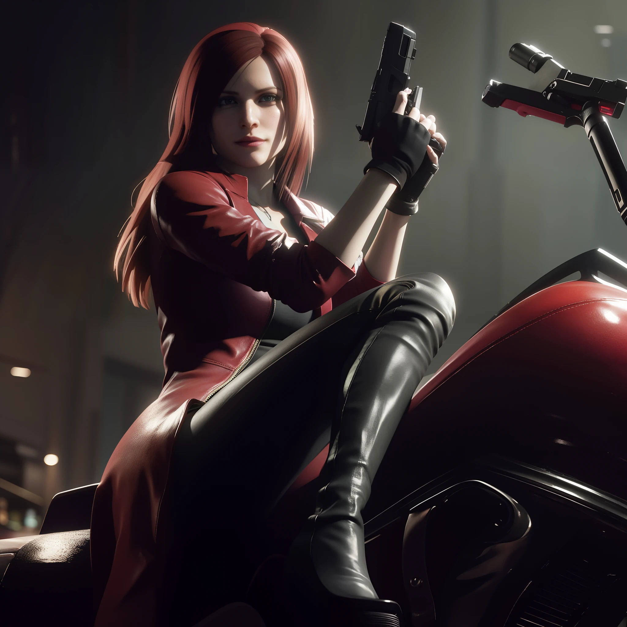 Claire Redfield 40 years old, beautiful face, shy, looking at viewer, very long red hair, perfect Face, black jeans, red long coat with black t-shirt, red nail polish, friendly face, little smIle, holding a gun