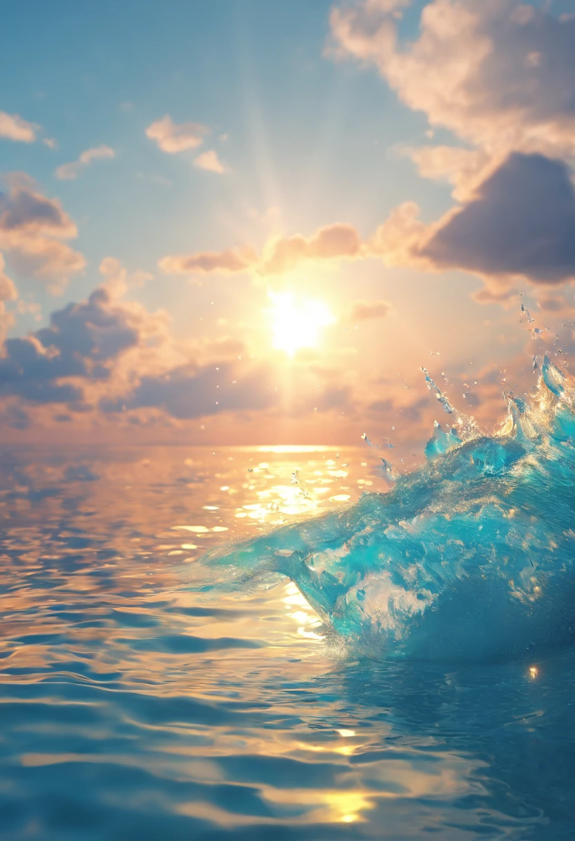 Hyper-realistic, beautiful, bright, clear water with the clouds and the sun above.