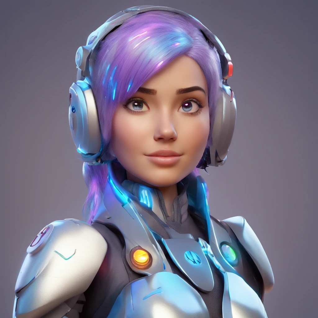 Disney Pixar Movie Poster, The cute cyborg girl has short silver hair, with shimmering blue and purple streaks that glow like electronic threads. Her eyes are large and bright, with irises of a brilliant blue that seem to reflect light like computer screens. Parts of her body are covered in silver metallic skin, giving her a futuristic gleam. Small colored LEDs gently blink along her joints, giving a sense of movement and life