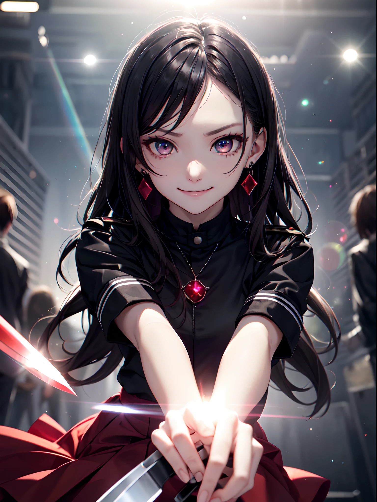of the highest quality、masutepiece、ultra-detailliert、1womanl、Solo、25-years old、(Jet black uniform:1.3)、(Lens Flare:1.4)、(Angry smile:1.2)、(short twin-tailed black hair:1.2),Forehead, Shiny hair, Delicate beautiful face,  (scary atmosphere:1.2),Looking at Viewer、a red skirt、(Ruby eyes:1.4),(Holding a knife in hand:1.2)、Midnight Ruins,red necklace、red earrings、Dark scenery