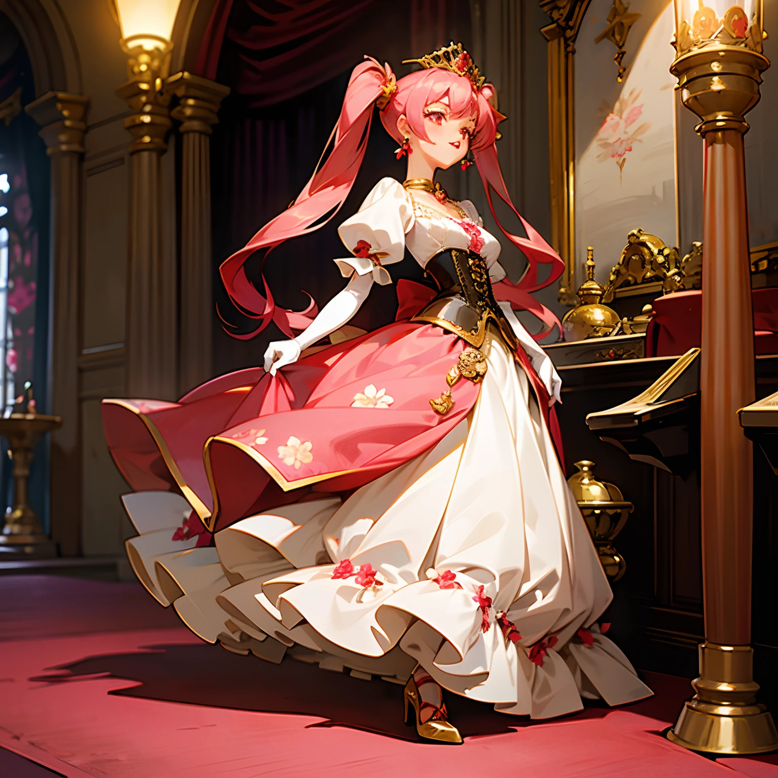 Pretty 15 years old princess, drawn in anime style, long red pigtails hair, pink eyes, small breast, lipstick, steampunk, Floral red and white gown with puffy sleeves, corset, ribbons, white elbow gloves, ruby earrings and necklace, gold tiara, high heels, in castle bedroom, standing elegantly.