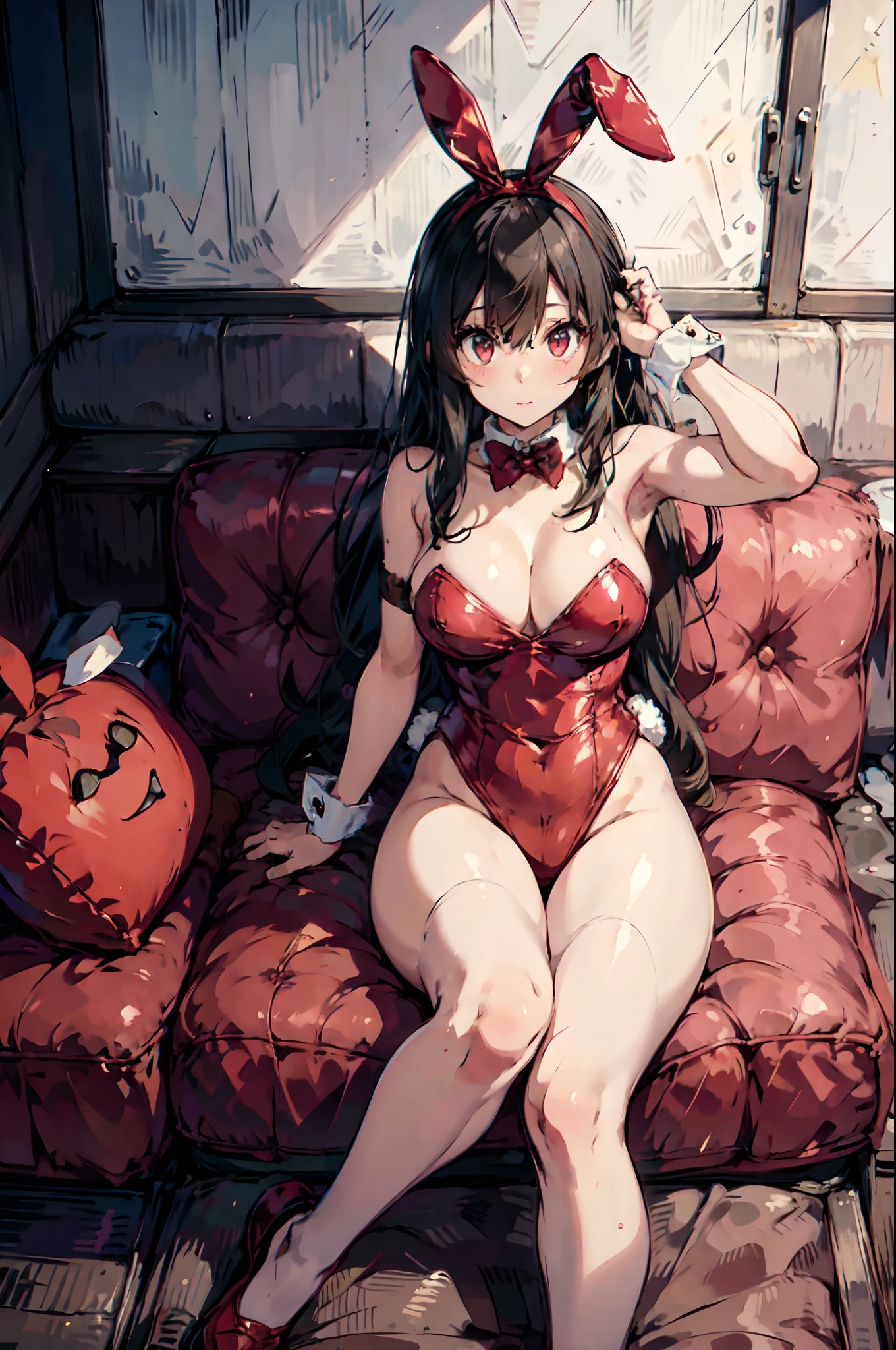Strip Club Woman、Strip Club Light、(Wearing a bunny costume:1.3)、red outfit、
Good Hand、4K、hight resolution、​masterpiece、top-quality、headw:1.3、((Hasselblad photo))、Fine skin、Sharp Focus、(lighting like a movie)、Soft lighting、dynamic ungle、[:(详细的脸:1.2):0.2]、Colossal tits、(((Sitting on the couch)))、opens legs、raise leg