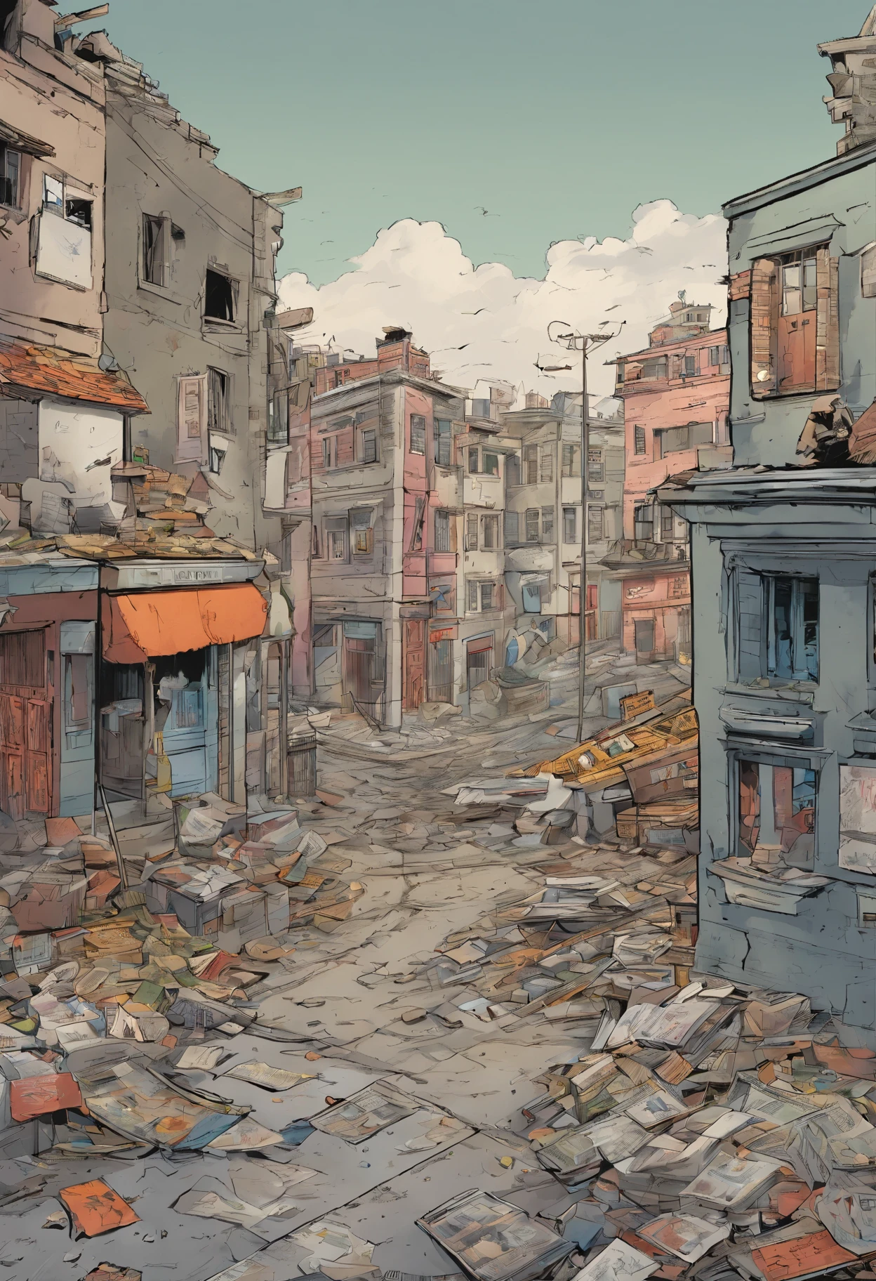 A war has taken place in the destroyed city, ruin homes and a birds eye view. News papers littered around the floor mixed with rubble in the town centre in the background a nuker boom gose off, you are looking at it all from a birds eye view not to far up the ground you see building still on fire anime still (no people)(gray sky)(old broken builds)