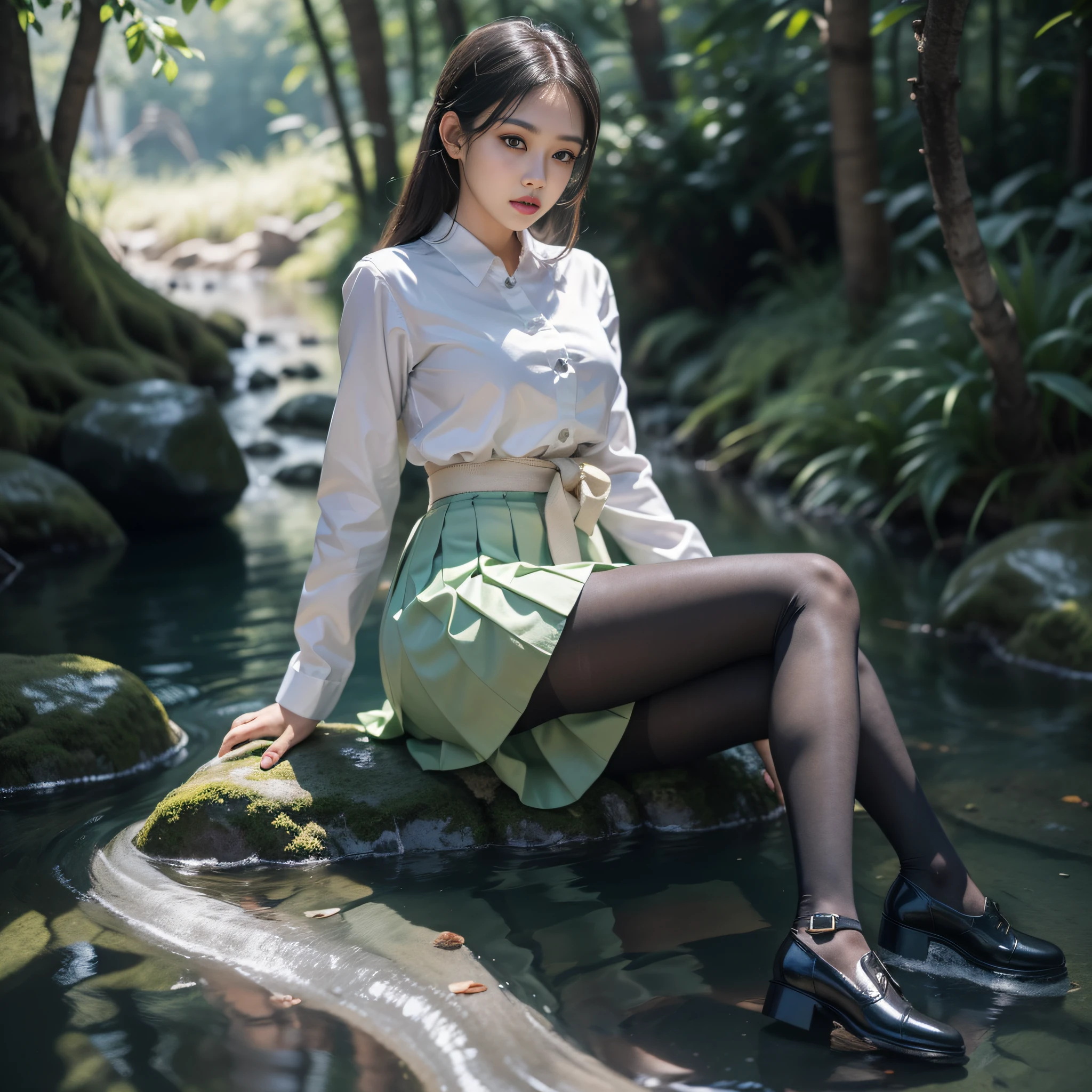 (Full body:2)，(1girl in:1.3),(view the viewer:1.4)，(??????? correct:1.45),(Sitting by the creek,:1.35),(Reflective Carbon Fiber Pantyhose:1.4),(Mature sensual woman wearing printed fantasy nurse suit JK student uniform pleated skirt and polished jk uniform leather shoes :1.35)，(Woman with big buttocks, breasts, and a thin waist:1.4), (Light particle effect:1.3),(in pink | amarelo | Blue color| in green |Red color | white colors| The color is black| purpleish color| greys| Beige| Skin color 1.4)，(Glowing eyes:1.3),(Large amplitude action: 1.3)，(Accurate and perfect face:1.4),hyper HD, Ray traching, reflective light，Structurally correct, awardwinning, high detailing, Lighten the shade contrast, Face lighting ，cinmatic lighting, masutepiece, super detailing, High quality, high detailing, Best Quality, 16 K，High contrast,