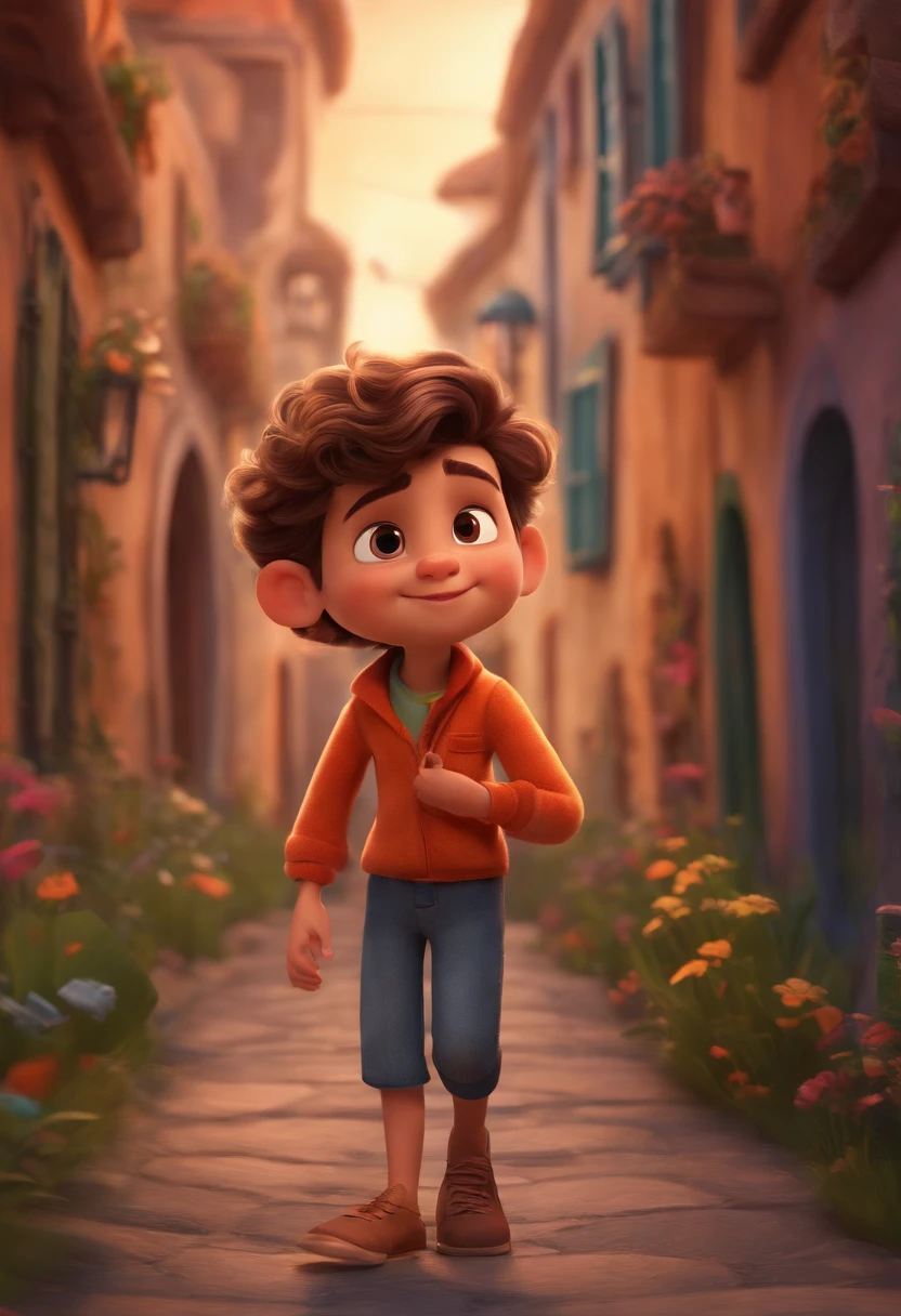 Image of a boy for a story in a YouTube video in Pixar format, He's the little allabester, He's the class leader, He's outgoing, Playful and gets up for a lot of things, cabelo curto