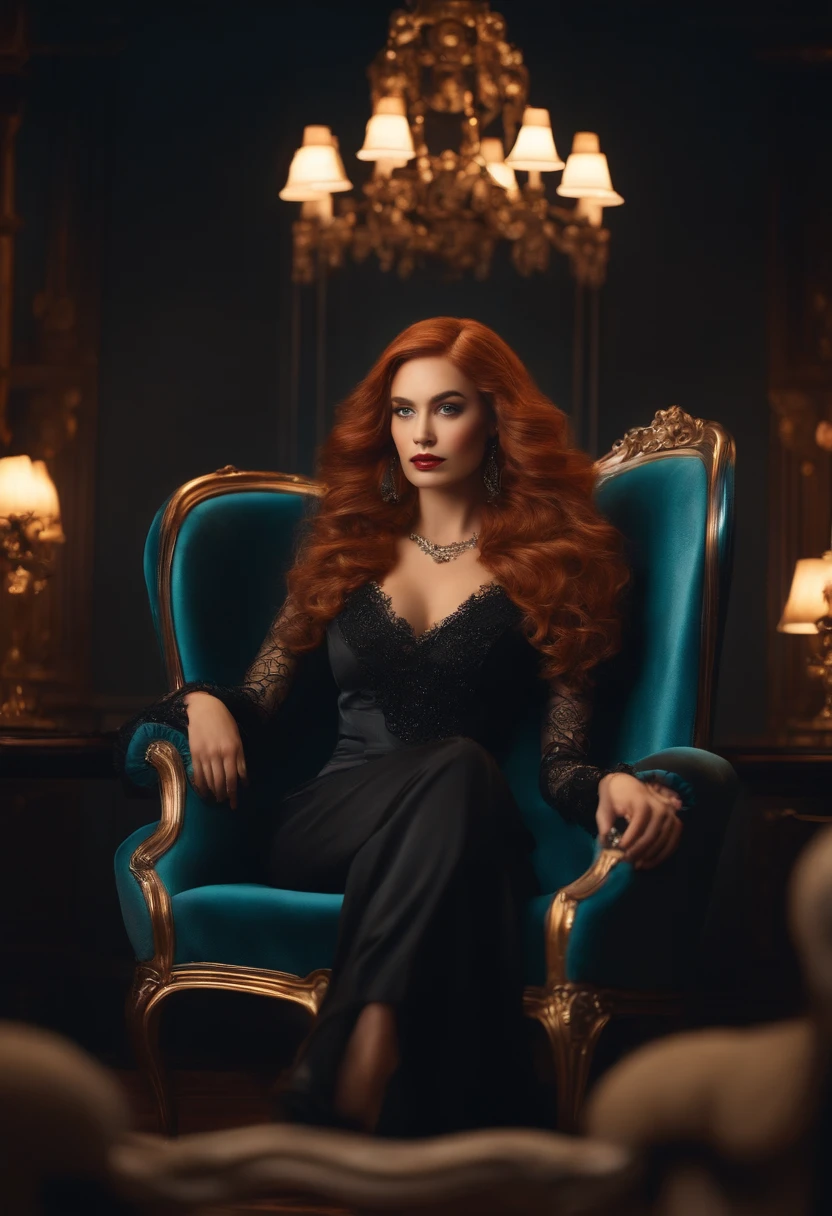 uma imagem ultra realista estilo pixar disney de uma mulher ruiva com cabelos levemente ondulado e olhos azuis, with a Victorian Gothic style sitting in a beautiful Louis XV style armchair in a futuristic setting
