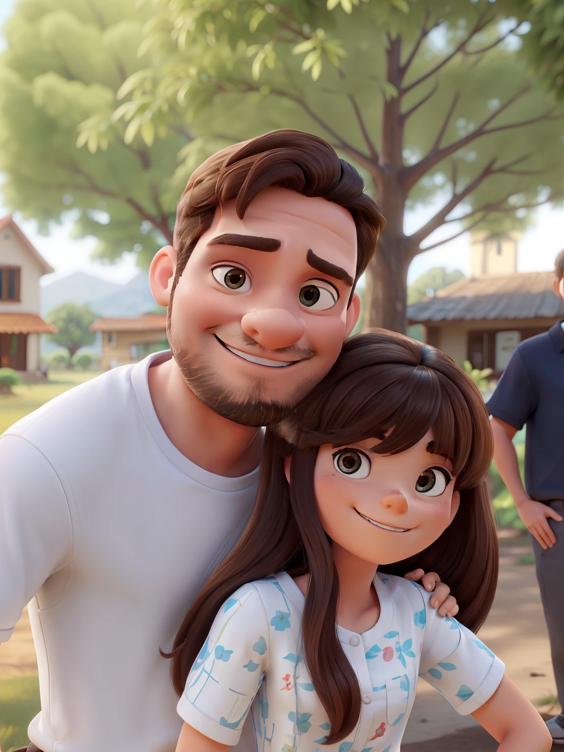Crie uma imagem, estilo Pixar 3d, que mostra um homem de 27 anos, com barba e cabelo preto, com pequeno topete e pele moreno clara e uma jovem de 5 anos, com franja e cabelo liso de pele mais clara, They're in a picture. The man is wearing a white shirt and has his arm around the girl, Who's smiling. They stand in front of a tree, Creating a nice and natural backdrop for your photo. O homem parece ser o pai da .