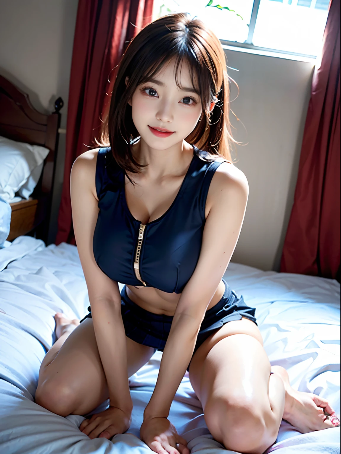 (8K、RAW Photos、top-quality、masterpiece:1.2)、(realisitic、Photorealsitic:1.37)、女の子1人、Smile with white teeth、japanes、20yr old、female、during daytime、hotel、natural soft light、photon maping、Radio City、dark brown hair、poneyTail、((Angle from below))、(full body Esbian)、详细的脸、Detailed lips、detailedeyes、More skin、二重まぶた、(huge-breasted:1.5)、(Cheergirl Uniforms)、(a miniskirt)、Not wearing a bra、((showing panties))、perfectbody、shinny skin、lying down on the bed,spreading her legs、exposed panties,A smile、Make eye contact with the camera,from above,detailed panties