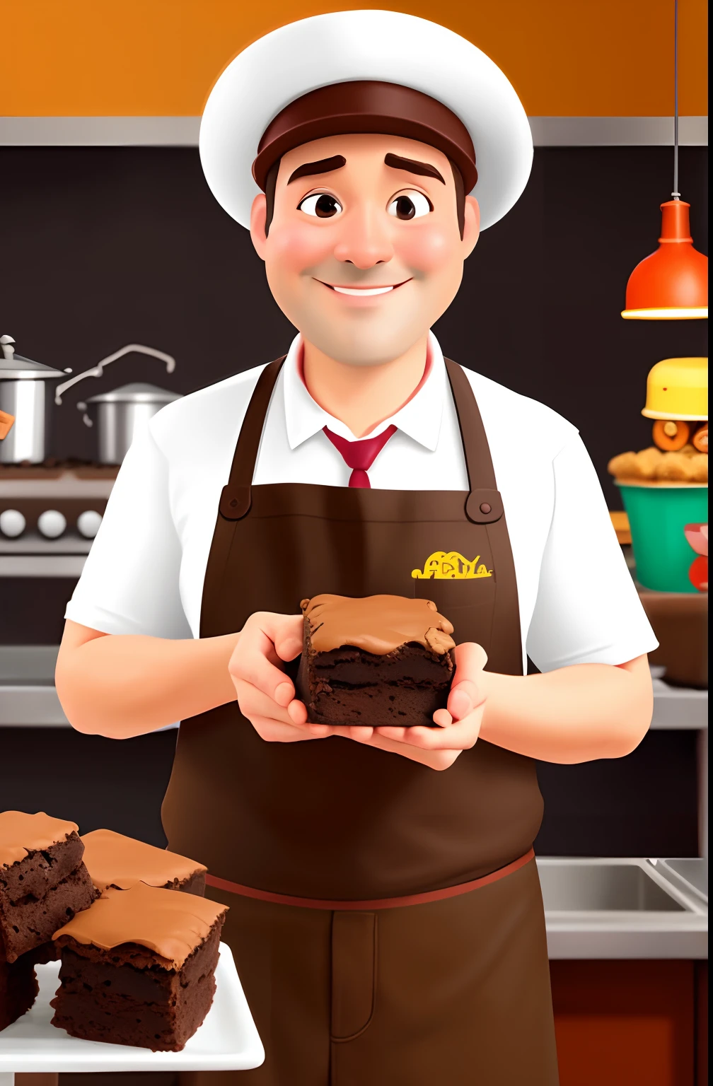 Pixar style character owner of a charming brownie factory, It's famous. He wears his boss hat and serves the brownies warm to his customers.