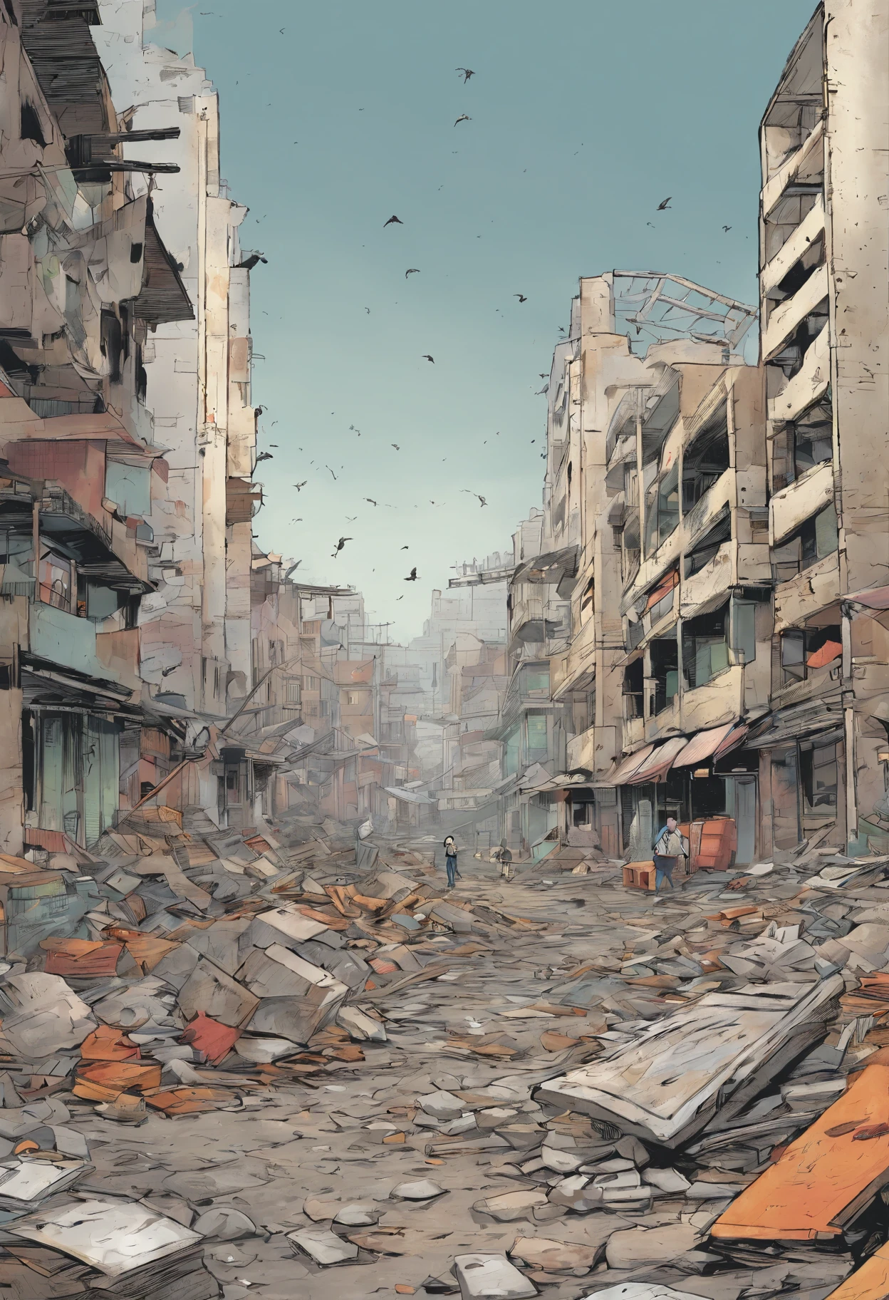 A war has taken place in the destroyed city, ruin homes and a birds eye view. News papers littered around the floor mixed with rubble in the town centre in the background a nuker boom gose off, you are looking at it all from a birds eye view not to far up the ground you see building still on fire anime still (no people)(gray sky)(old broken builds)