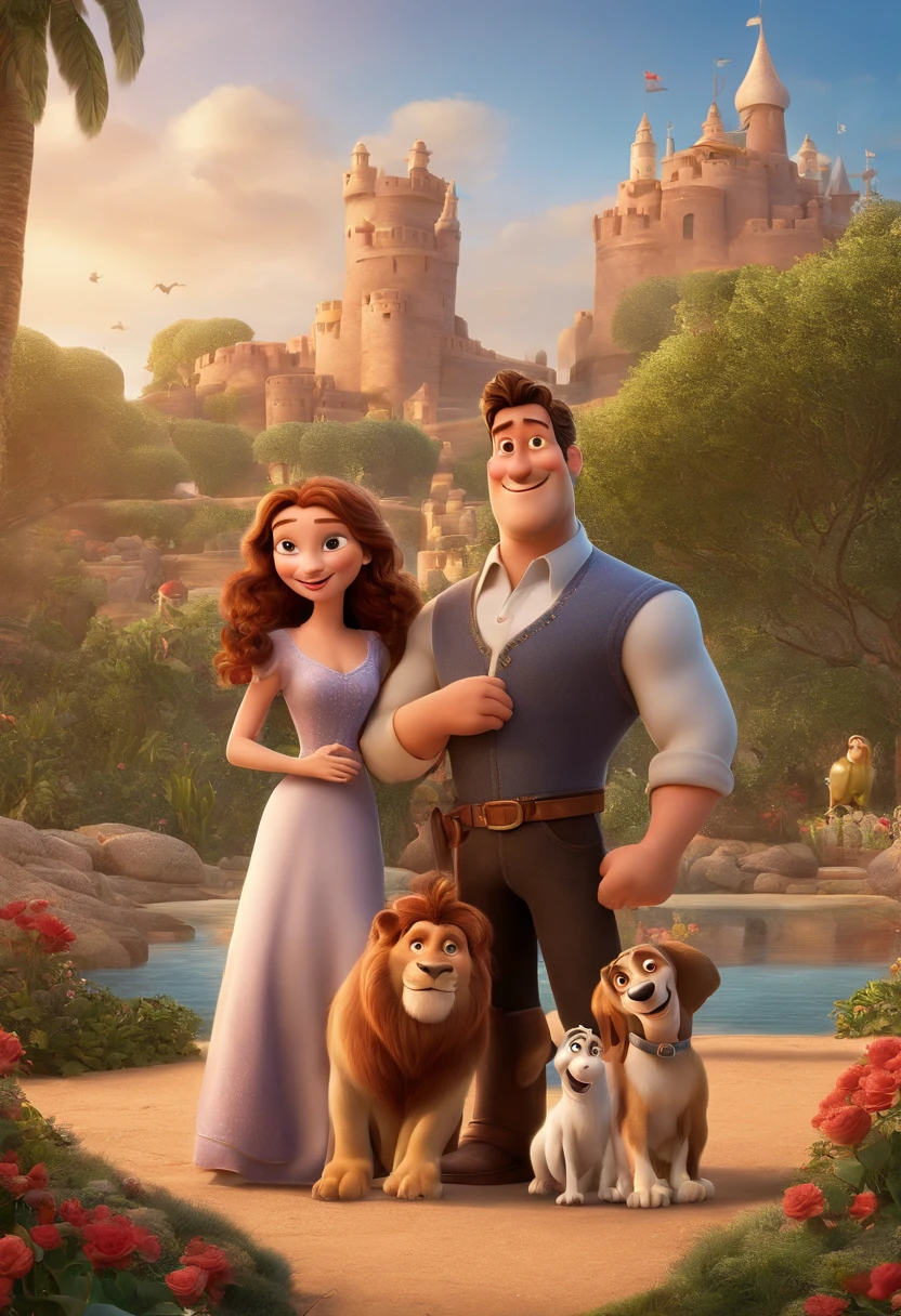 a Disney Pixar movie poster showing a white-skinned family. The father is the tallest, Tem barba curta, loiro, cabelos curtos e espinhosos. The mother has brown eyes and hair, shoulder-length and is slightly overweight. A tem 4 anos e cabelos castanhos, roupa rosa e rabos de cavalo. The background is a beach garden. 3D-rendering