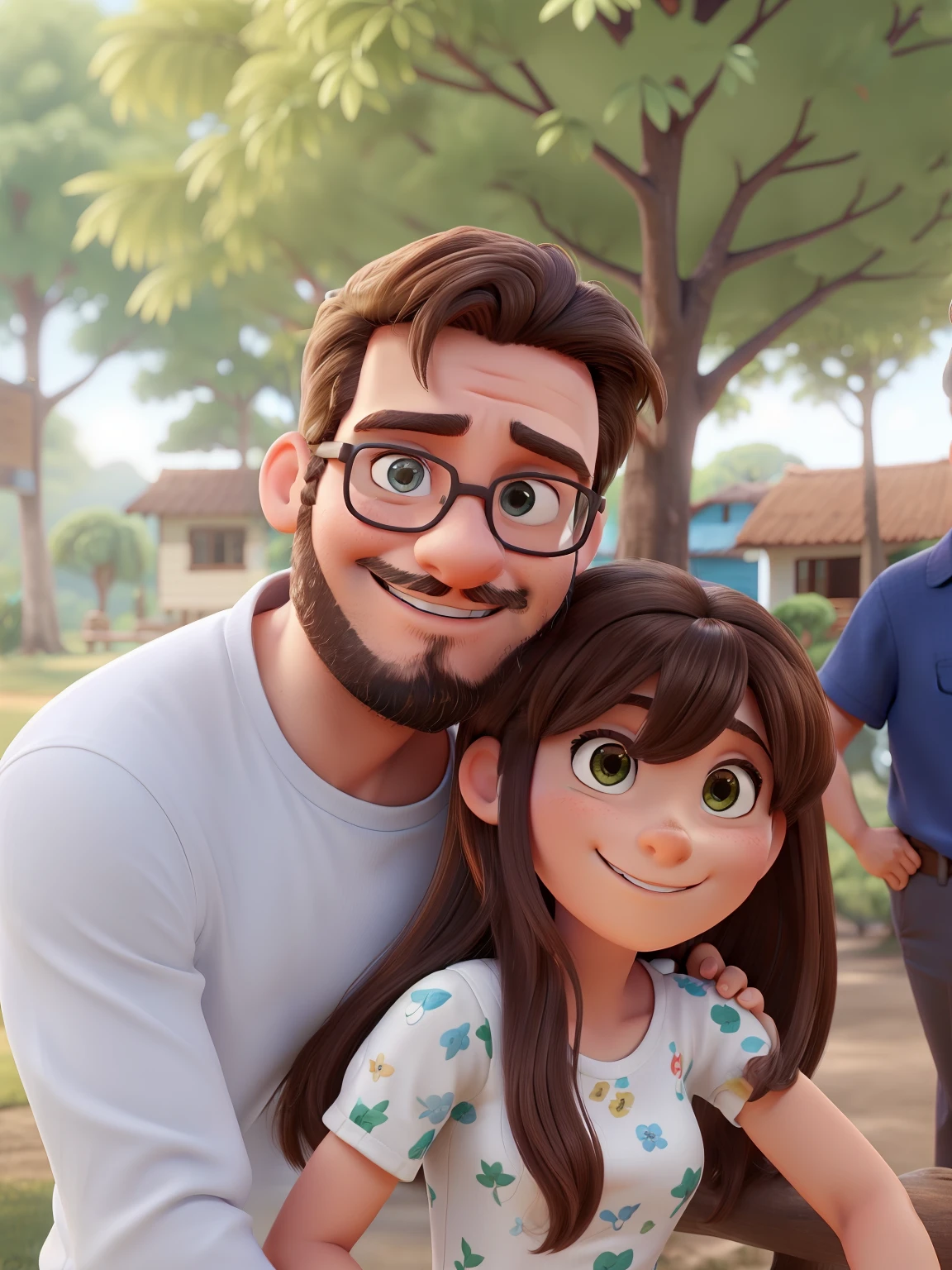 Crie uma imagem, estilo Pixar 3d, que mostra um homem de 27 anos, com barba e cabelo preto, com pequeno topete e pele moreno clara e uma jovem de 5 anos, com franja e cabelo liso de pele mais clara, They're in a picture. The man is wearing a white shirt and has his arm around the girl, Who's smiling. They stand in front of a tree, Creating a nice and natural backdrop for your photo. O homem parece ser o pai da menina.