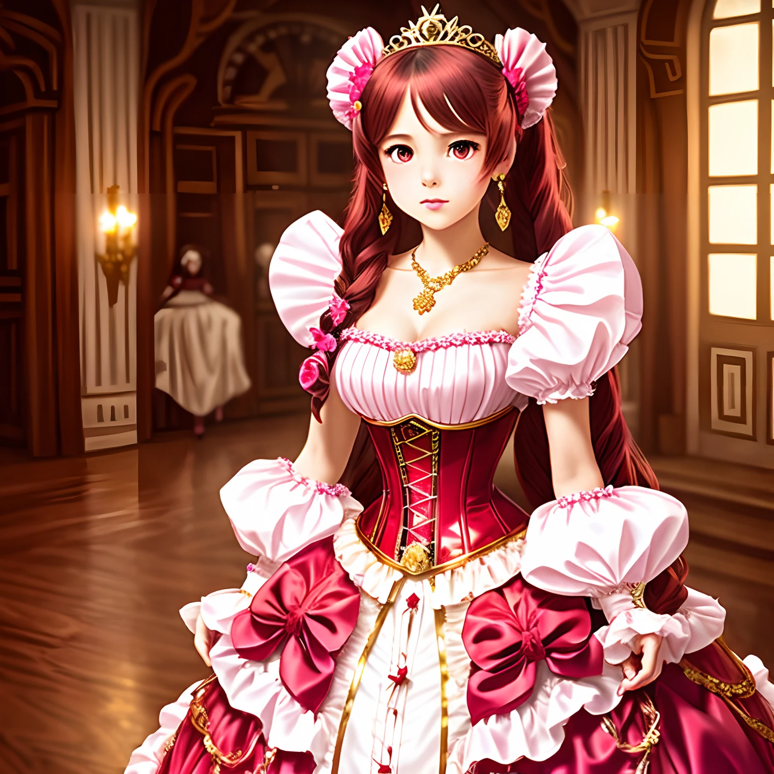 Pretty princess, drawn in anime style, long red pigtails hair, pink eyes, small breast, lipstick, steampunk, Floral red and white gown with puffy sleeves, corset, ribbons, white elbow gloves, ruby earrings and necklace, gold tiara, high heels, in castle bedroom, standing elegantly.