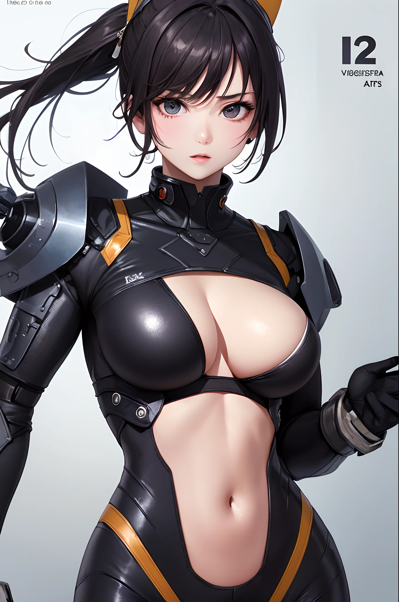 ​masterpiece、Top image quality、Black hair、Black bra、Colossal tits、mechs、animesque、8K,​masterpiece, bset quality,Colossal tits、（1girl in）、((Pit Girl Suit))、shinny skin、Shiny big、dark-brown eyes、 ((top-quality))、 Crisp focus:1.2、Highly detailed facial and skin texture、A detailed eye、face perfect、perfect bodies、art by、nffsw、Blur the background、japanes、Big breasts with a strong presence、Circuit field、Blur the background、Cowboy Shot、