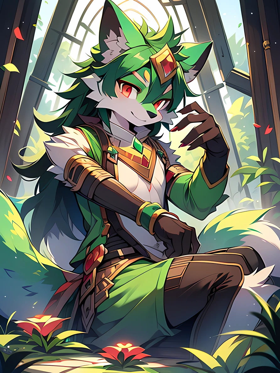 Rystal, Star Fox, Male,Dark emerald hair， (A detailed), fluffly, Solo, Meticulous and realistic, A detailed eye, ( The pupil of the blood wheel eye), (( Black and red eyes)), Excellent quality, high detal, Detailed fur, ((The tail is in the right place) ，He wore a green costume inlaid with emeralds