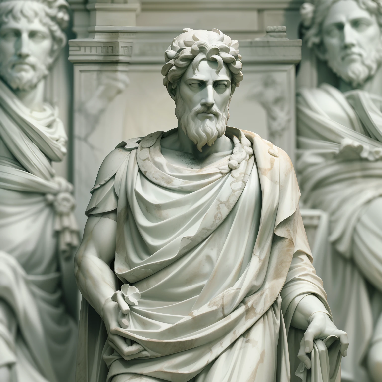 A carefully detailed realistic Greek white marble statue of Marcus Aurelius wearing a ghostly toga, fundo neutro, Moody, , fotorrealista, Jantar de cinema atencioso, super detalhada, Hiper realista, luzes brilhantes, 8 mil