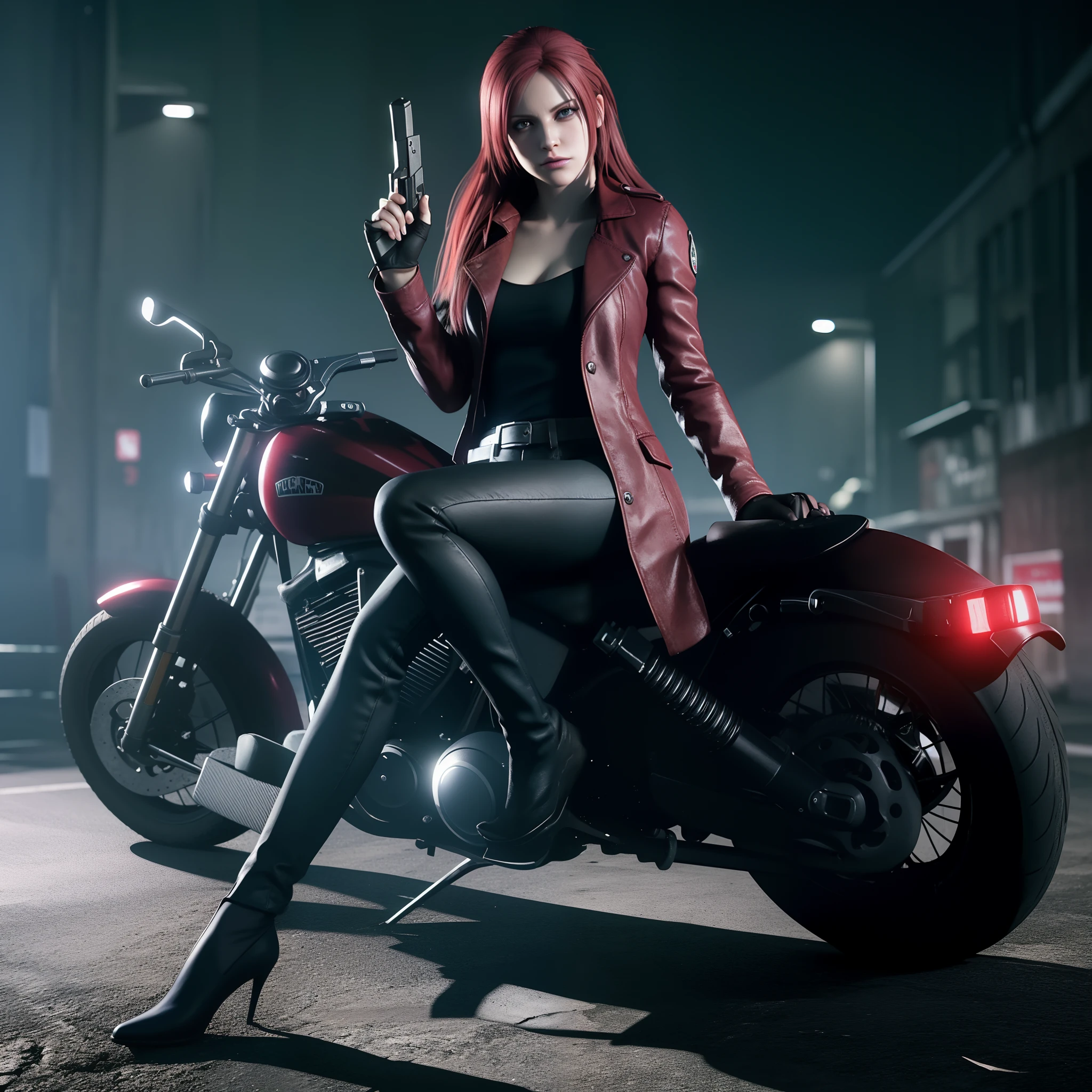 Claire Redfield 40 years old, beautiful face, shy, looking at viewer, very long red hair, perfect Face, black jeans, red long coat with black t-shirt, red nail polish, friendly face, glare, holding a gun