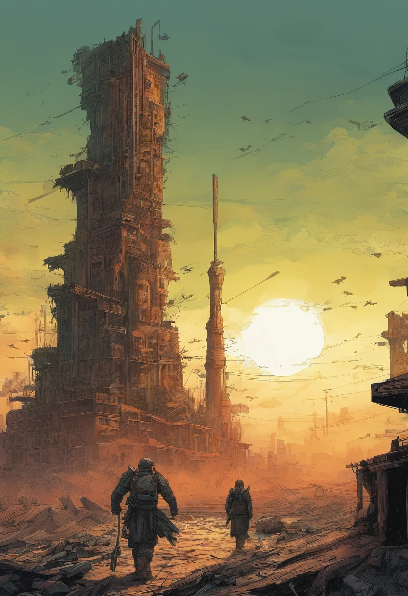 Create dystopian masterpieces,Depict the destroyed futuristic cityscape in a gritty game concept art style. The artwork should evoke a sense of futuristic desolation and despair, post apocalyptic world. Keep an eye on the intricacies of detail, Sharp focus, and a highly detailed description of the ruined city. Take inspiration from the artistic styles of Wayne Barlow and Zdislav Beksiński. Deliver this image in movie view format, Show the bleak beauty of this decaying world.