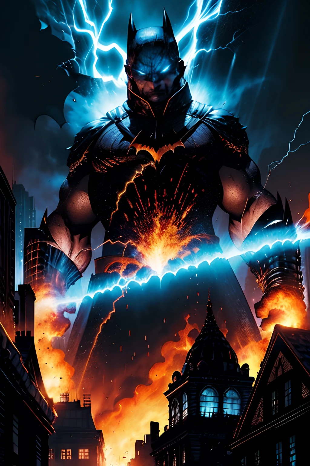 The streets of Gotham are ablaze with volcano lavas rising from the ground, white and blue rays streak through the skies of Gotham and the Dark Lord emerges to applaud the final apocalypse.