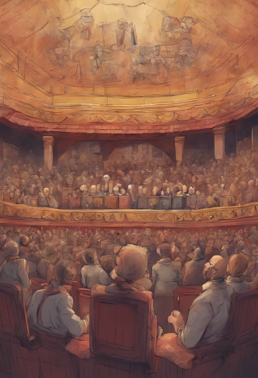 An oil painting of a puppet theater, The audience is full of wired puppets 
 Who are laughing for the performance on stage, uma pintura em aquarela, Directed by: Yang Borun, trend in cg society