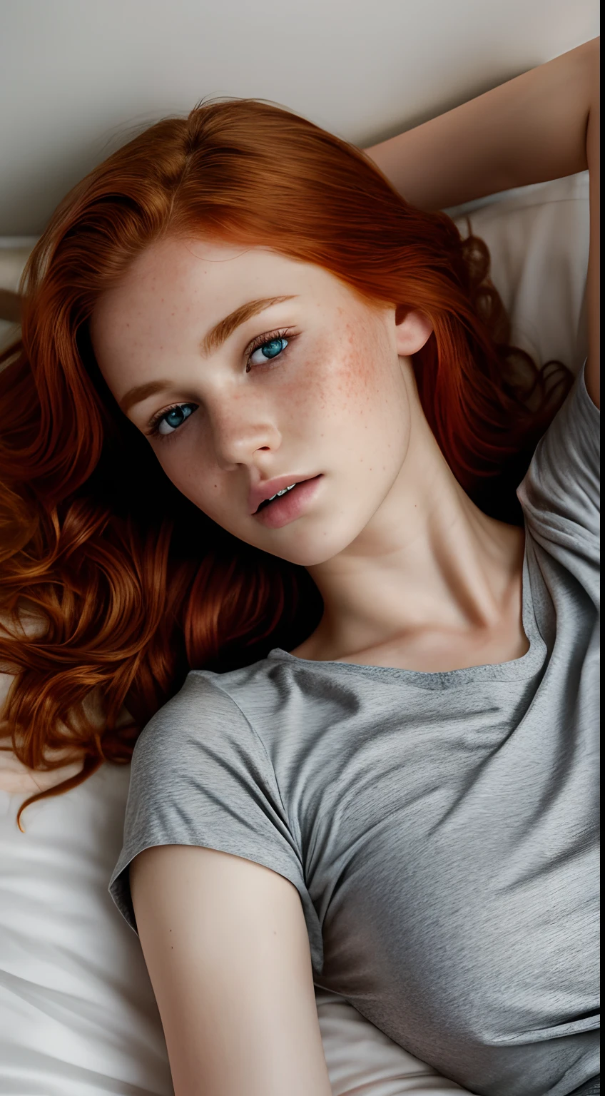 1girl in, age19, Solo, Aesthetic artwork, irish redhead, wavy ginger hair, shoulder length ginger hair, gray eyes, light grey eyes, some small freckles, pale skin, A-cup, small breasts, runners body, fullbody shot, (textured skin, skin pores:1.1), (moles:0.8), imperfect skin, goosebumps, in a dimly lit bedroom, lying down, curled up lying on bed, (sad:1.3), crying, depressed expression, pouting, (extremely detailed 8k wallpaper), soft lighting, high quality, film grain, Fujifilm XT3 sharp focus, f 5.6, 50mm, High Detail, Sharp focus,(natural light), (seductive), oversized thin blue t-shirt, blue t-shirt, Realistic, ultra realistic, photo realistic, crazy details, complex details, hyper detailed,