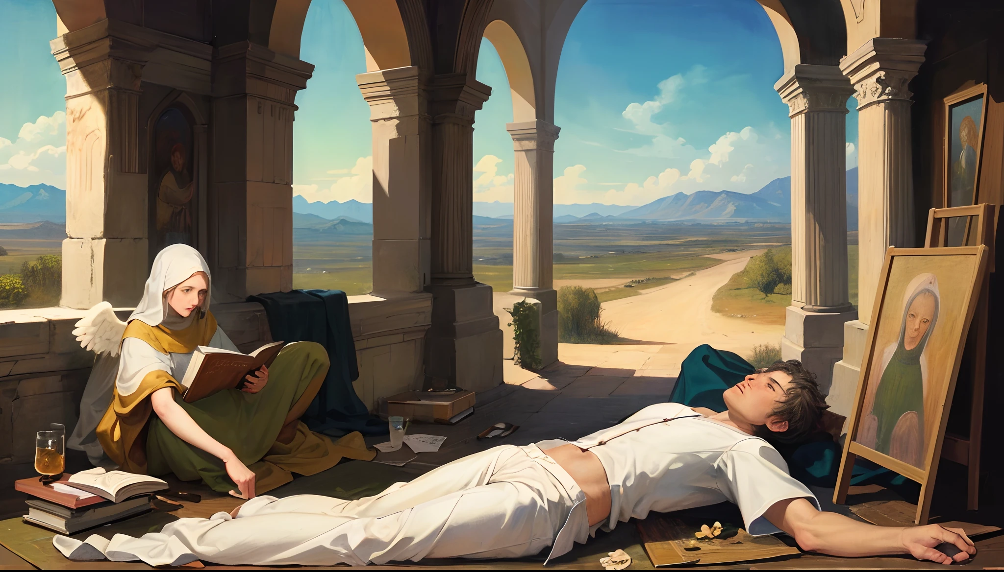 Biblical Job Master Piece, homem velho de cabelos brancos,Lying on the floor of a desert,in disgrace, Up in the sky three images of realistic male angels,Medieval Painting Style Being Tested Medieval Painting From The Book Of Job