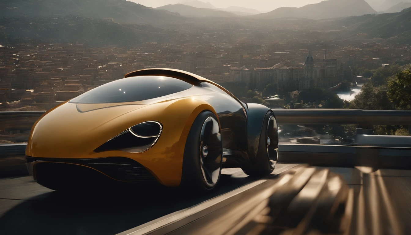 Carro futurista, designer oval, cabine transparente mostrando piloto, flying at altitude over a city with gleaming buildings on a planet illuminated by the midday sun, arte intrincada, detalhes precisos, fiction art, revista premiada, cinematic quality, 8K