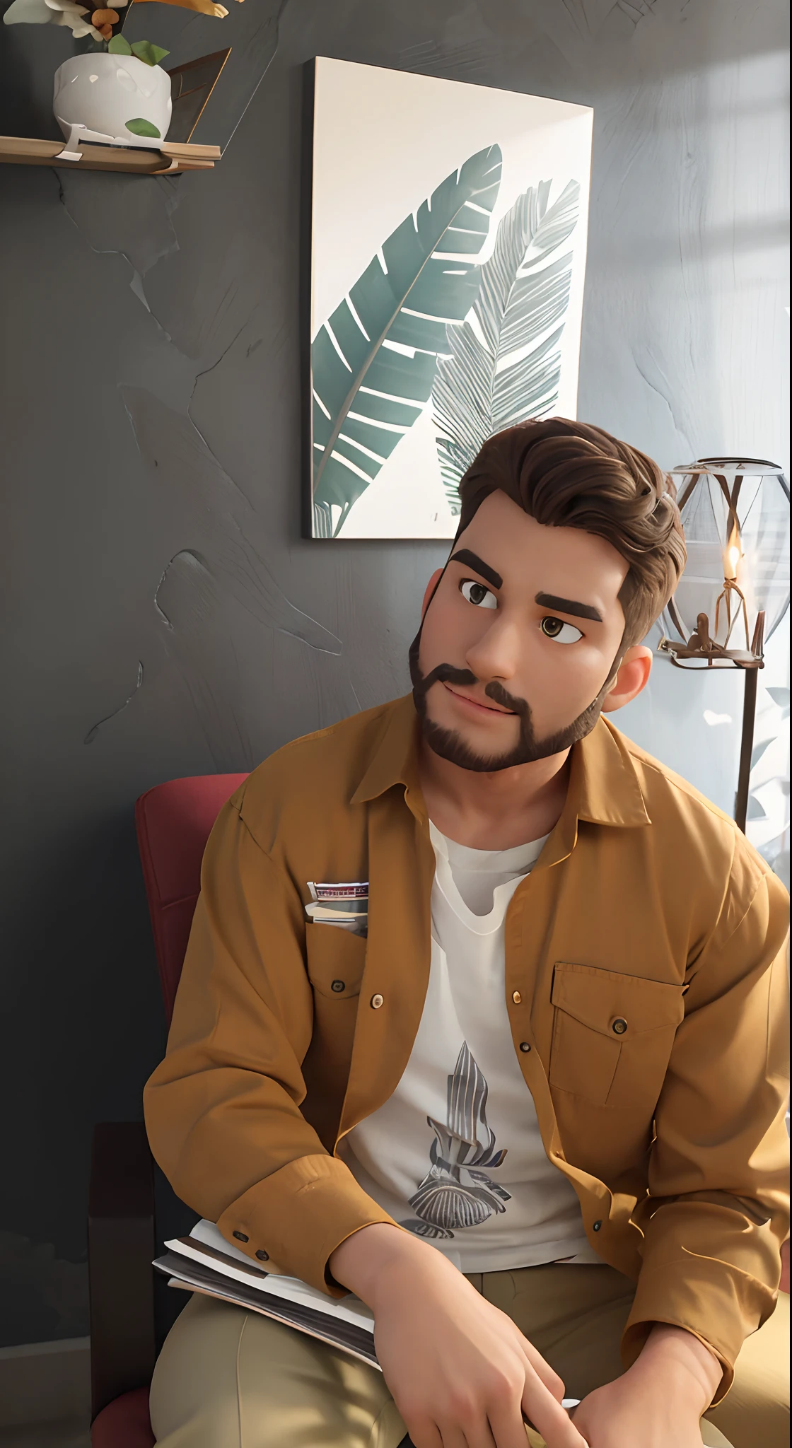 Menino jovem de 25 anos com barba, cabelos e olhos castanhos. Earthy beige blouse with a light-colored pants and a t-shirt underneath the button-down shirt in an earthy color and the layered t-shirt is light, Wearing light tile-colored pants, sitting on a red armchair in the background, a graphite gray wall with frame and decoration ornaments in Pixar cartoon style