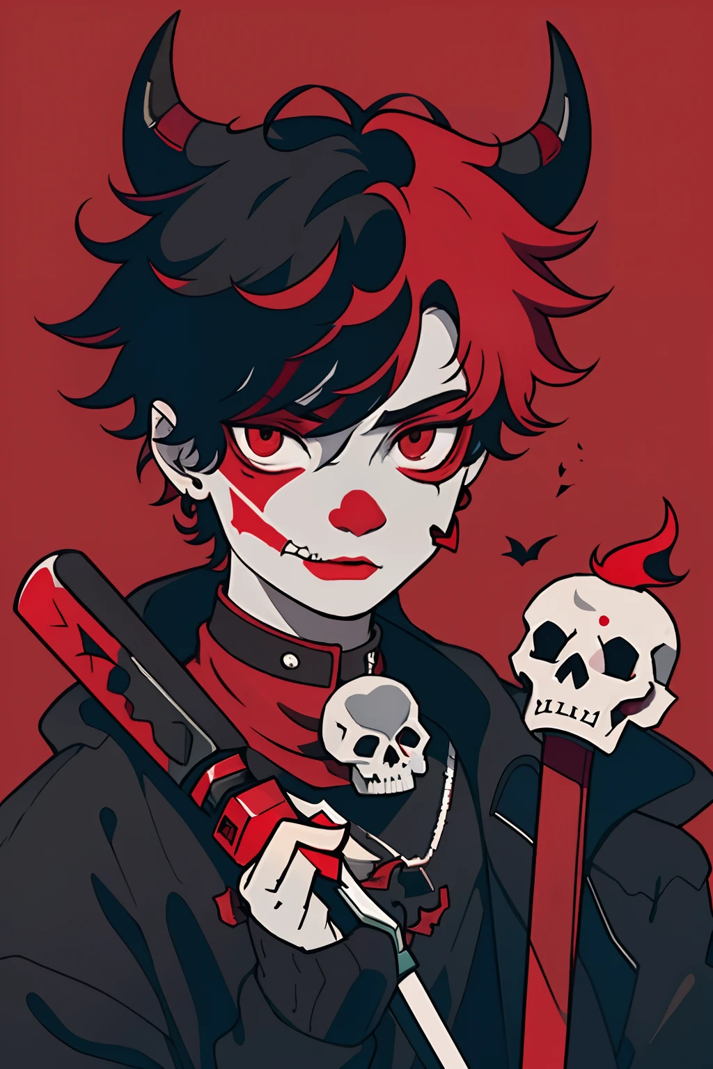 androgynous person with red skin, half white face, black and white horns, red eyes, holding a hatchet, holding a skull