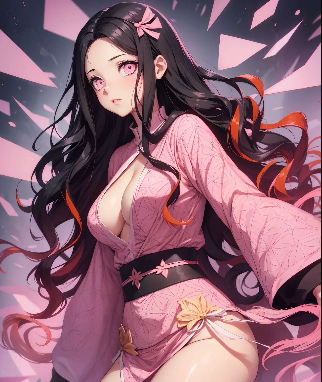 ​(risograph) Nezuko, hair ribbon, long hair, multicolored hair, (pink eyes:1.5), black and orange hair, slit pupils, wavy hair, two-tone hair, tetas grandes, piernas abiertas, Cum en el cuerpo, cuerpo completo, sequin, cleavage